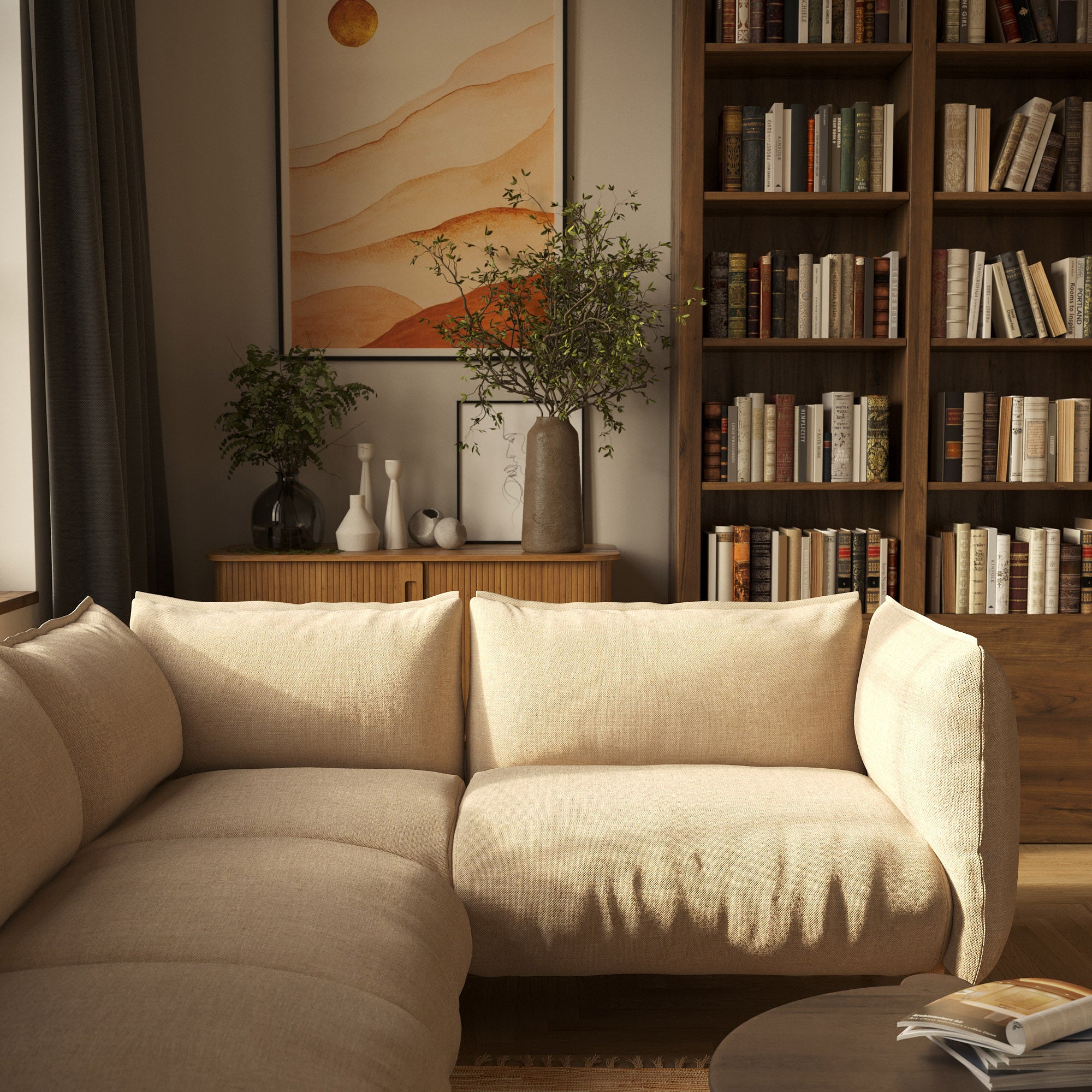 Cozmo Sofas - Pillow Extra Large RH Facing Corner Sofa - Black Boucle - Natural Legs - Lifestyle detail