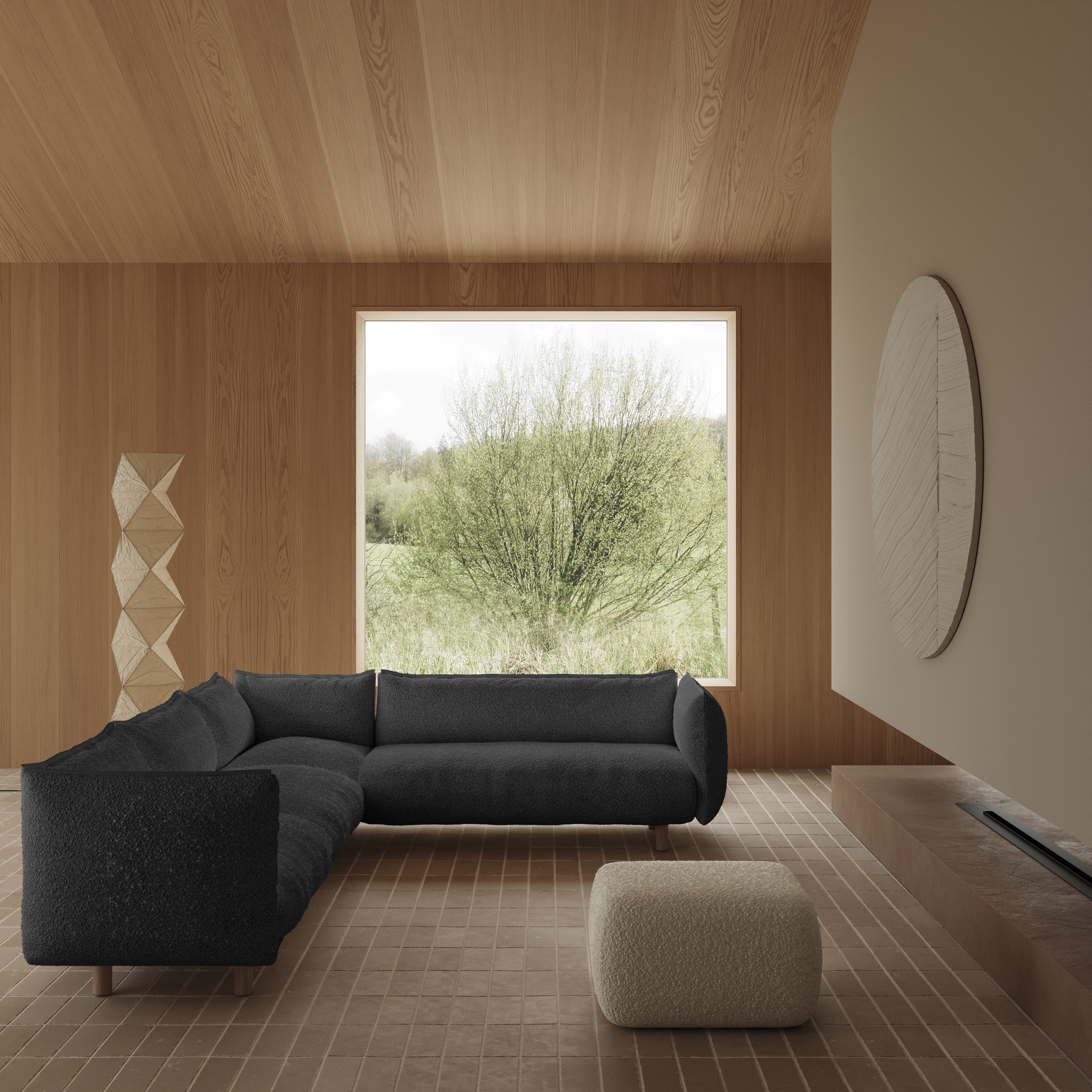 Cozmo Sofas - Pillow Extra Large RH Facing Corner Sofa - Black Boucle - Natural Legs - Detail view