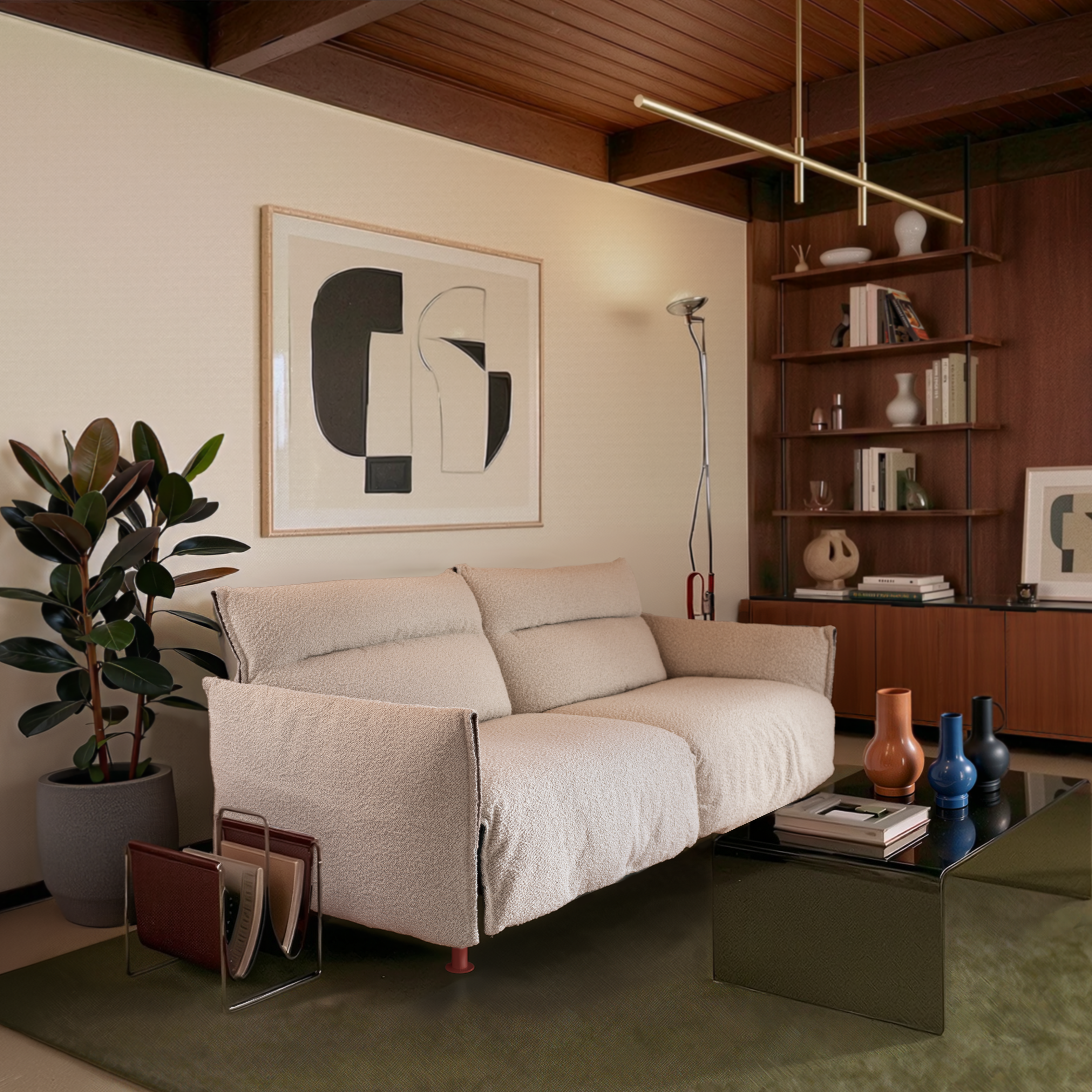 Cozmo Sofas - Hug 3 Seater Sofa (wide) - Ecru Boucle - Brick Legs - Rear angle view