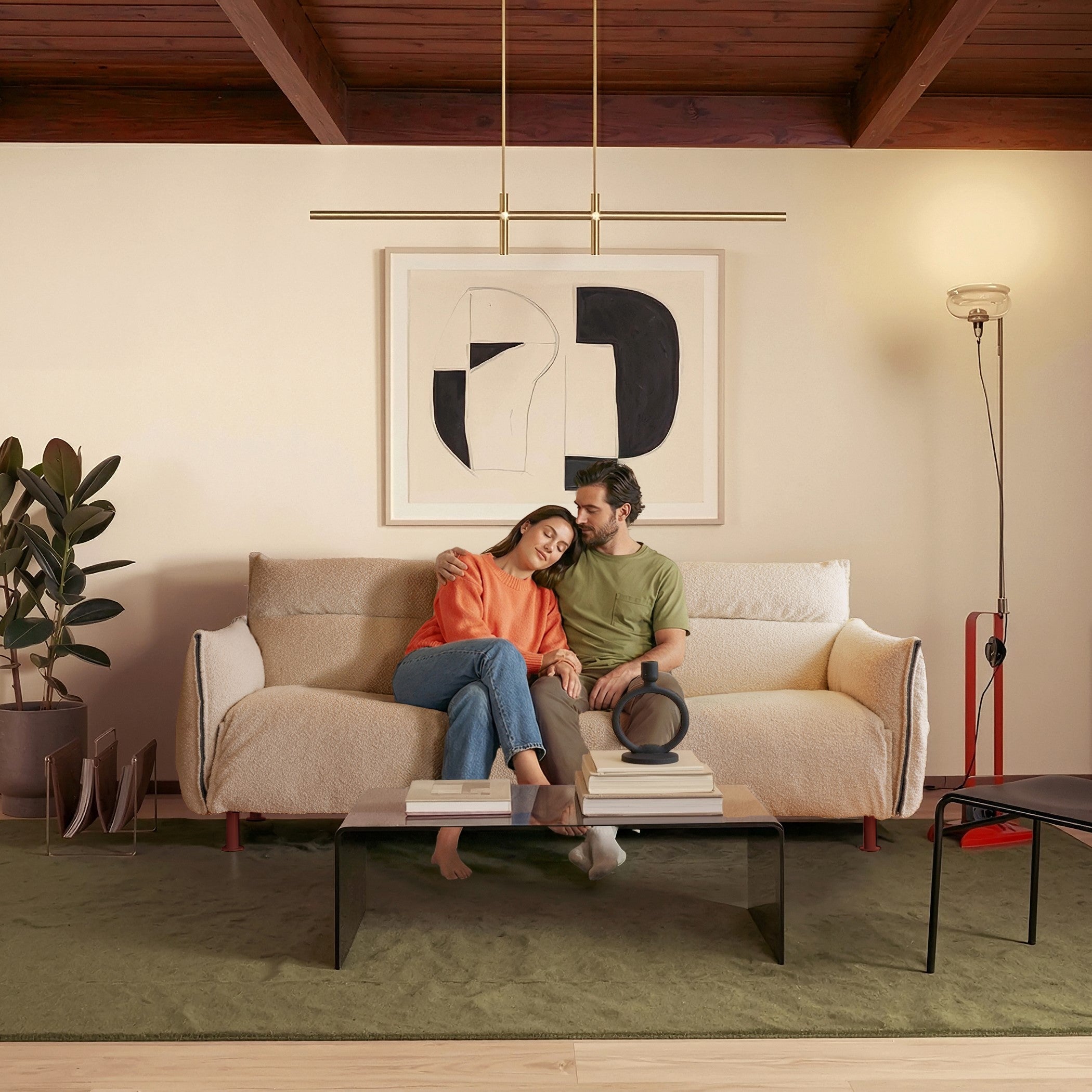 Cozmo Sofas - Hug 1.5 Seater Sofa (wide) - Ecru Boucle - Brick Legs - Rear view