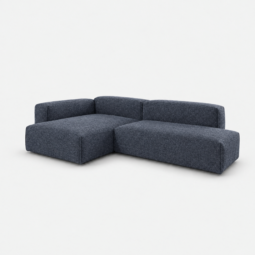 Float 4 Seater Open Chaise Sofa - Blue & Brown Textured Weave, Left Hand - 3/4 view
