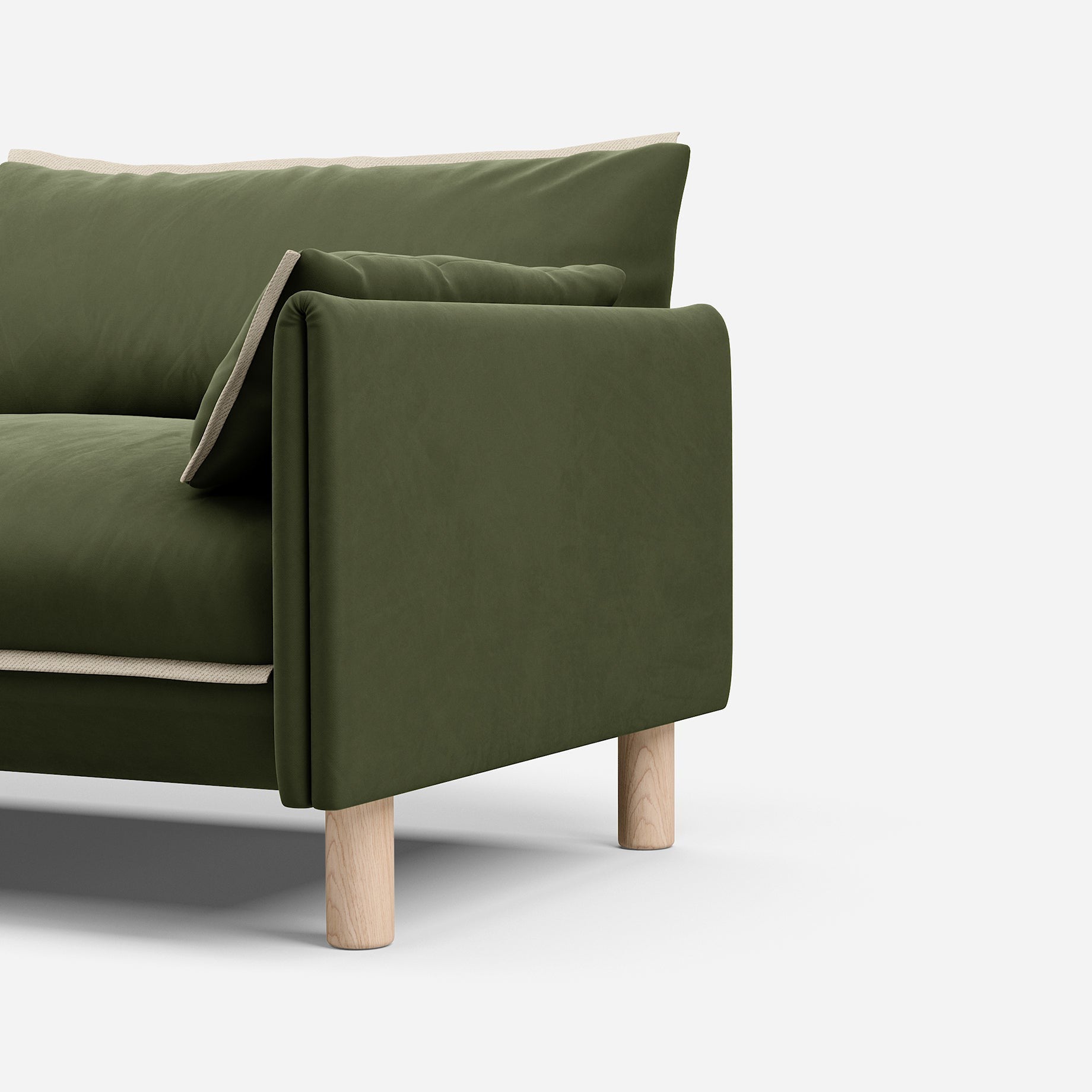 Cozmo Sofas - Cozy 1.5 Seater Chaise Sofa - Dark Green Velvet - Natural Legs - Side angle view
