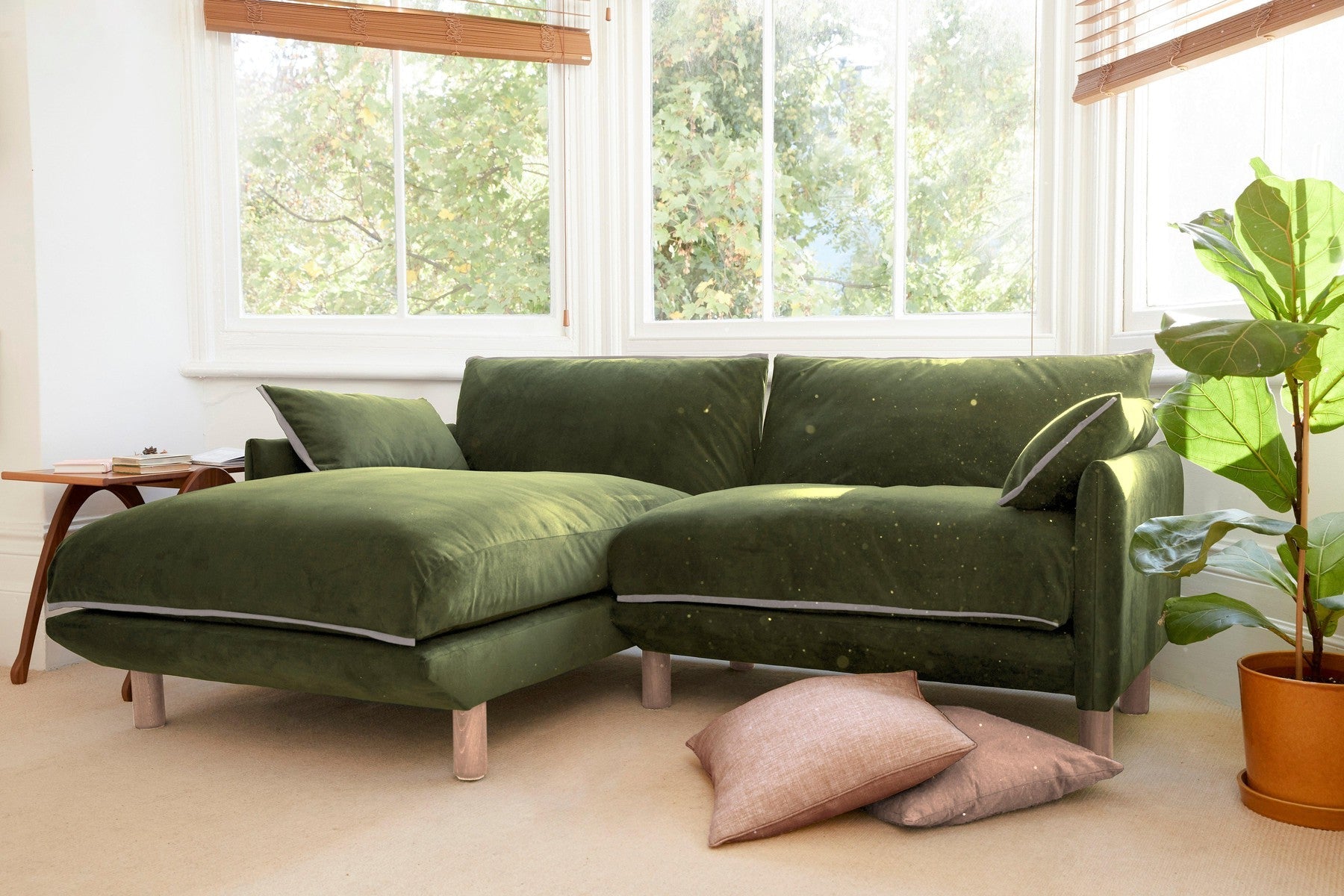 Cozmo Sofas - Cozy 1.5 Seater Chaise Sofa - Dark Green Velvet - Natural Legs - Lifestyle detail