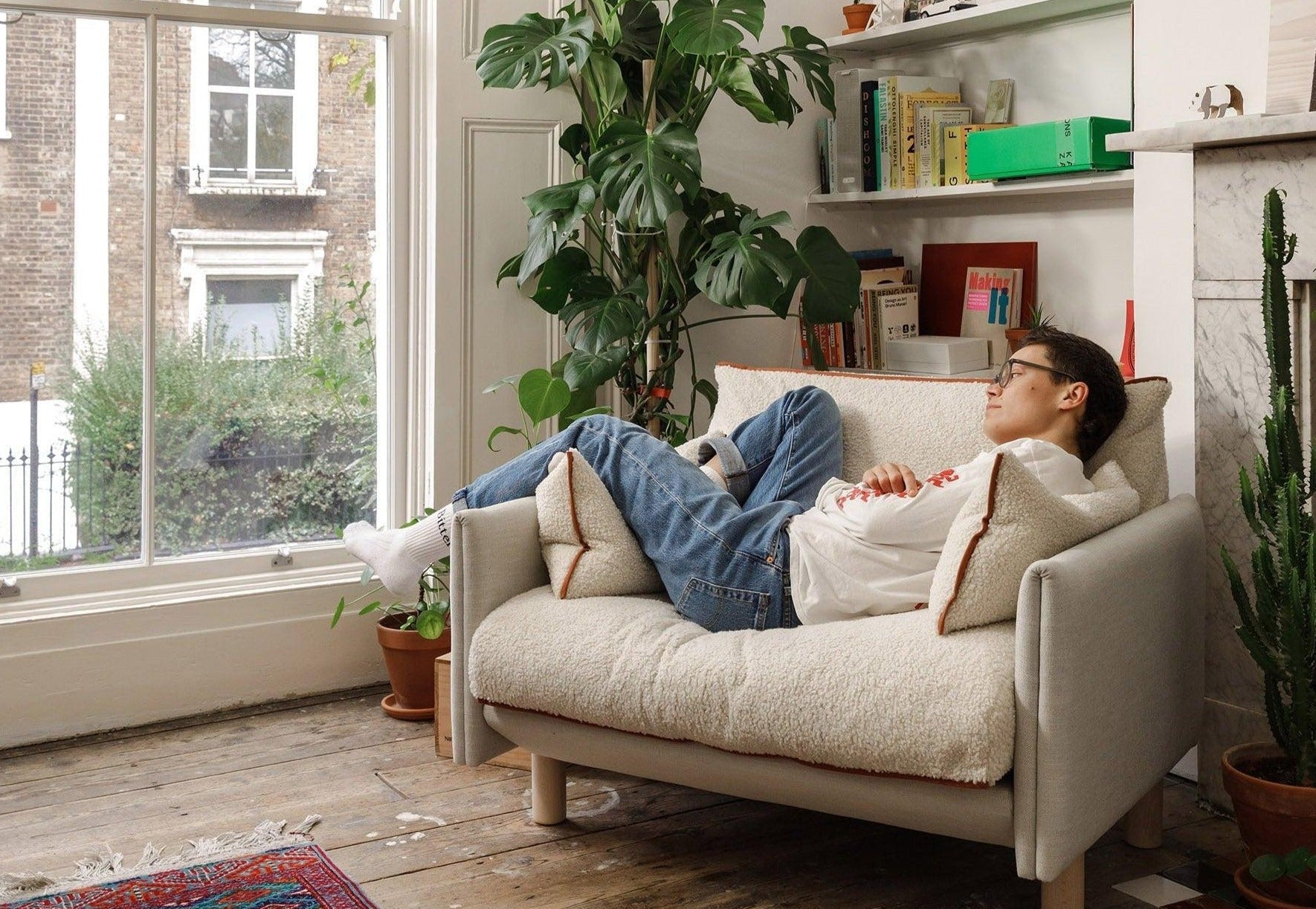 Cozmo Sofas - Cozy 1.5 Seater Sofa - Black Boucle - Natural Legs - Lifestyle detail