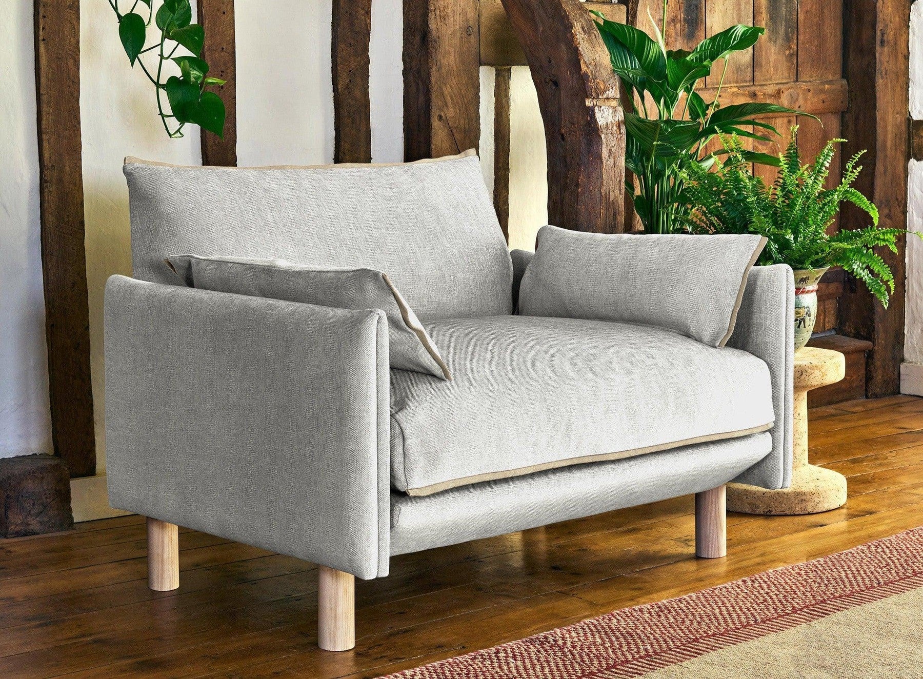 Cozmo Sofas - Cozy 1.5 Seater Sofa - Ecru Weave - Natural Legs - Lifestyle detail