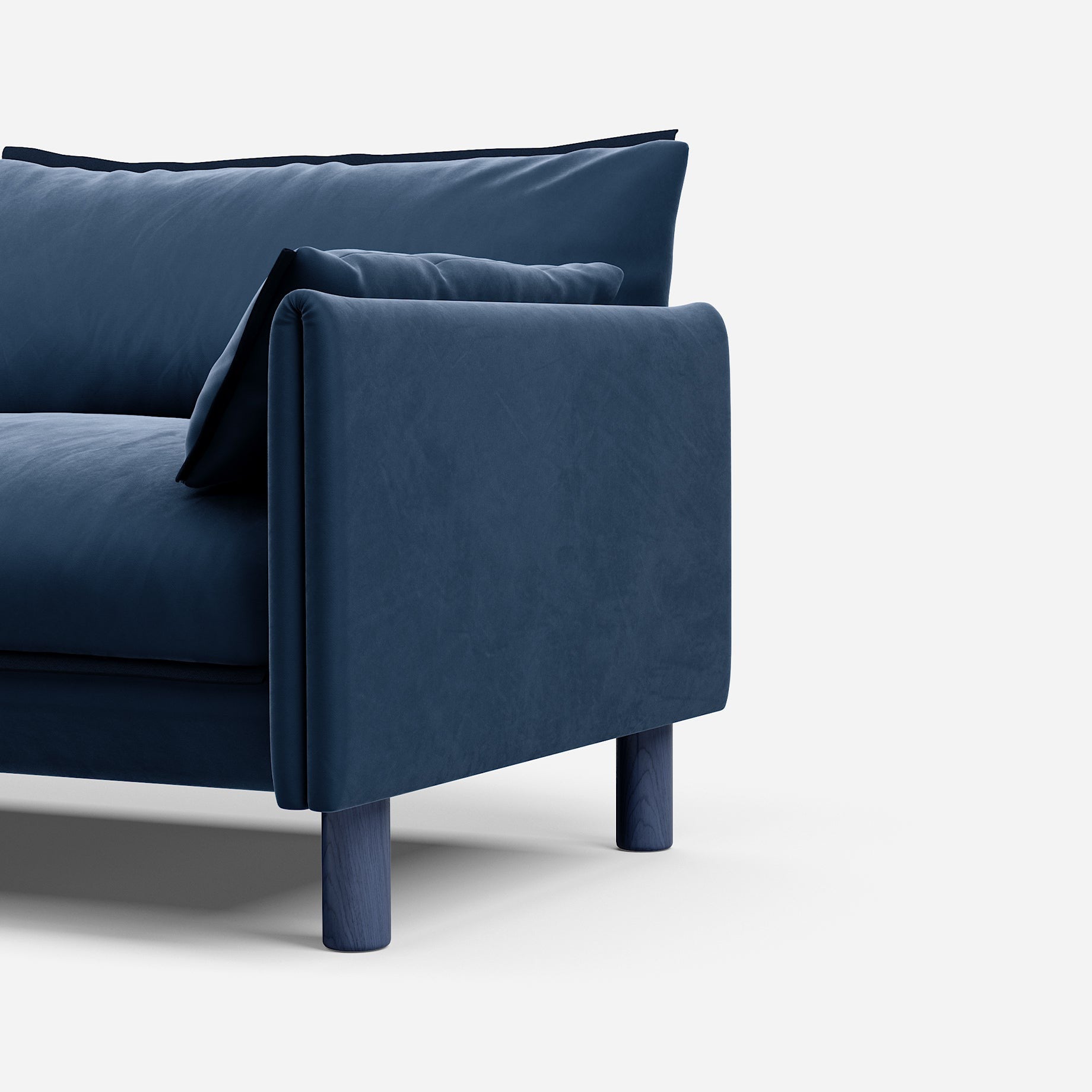 Cozmo Sofas - Cozy 1.5 Seater Sofa - Midnight Blue Velvet - Blue Legs - Side angle view
