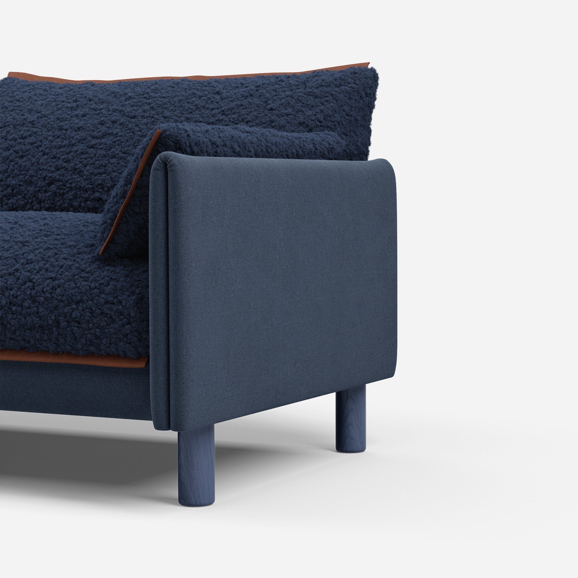 Cozmo Sofas - Cozy 1.5 Seater Sofa - Navy Cotton - Blue Legs - Side angle view