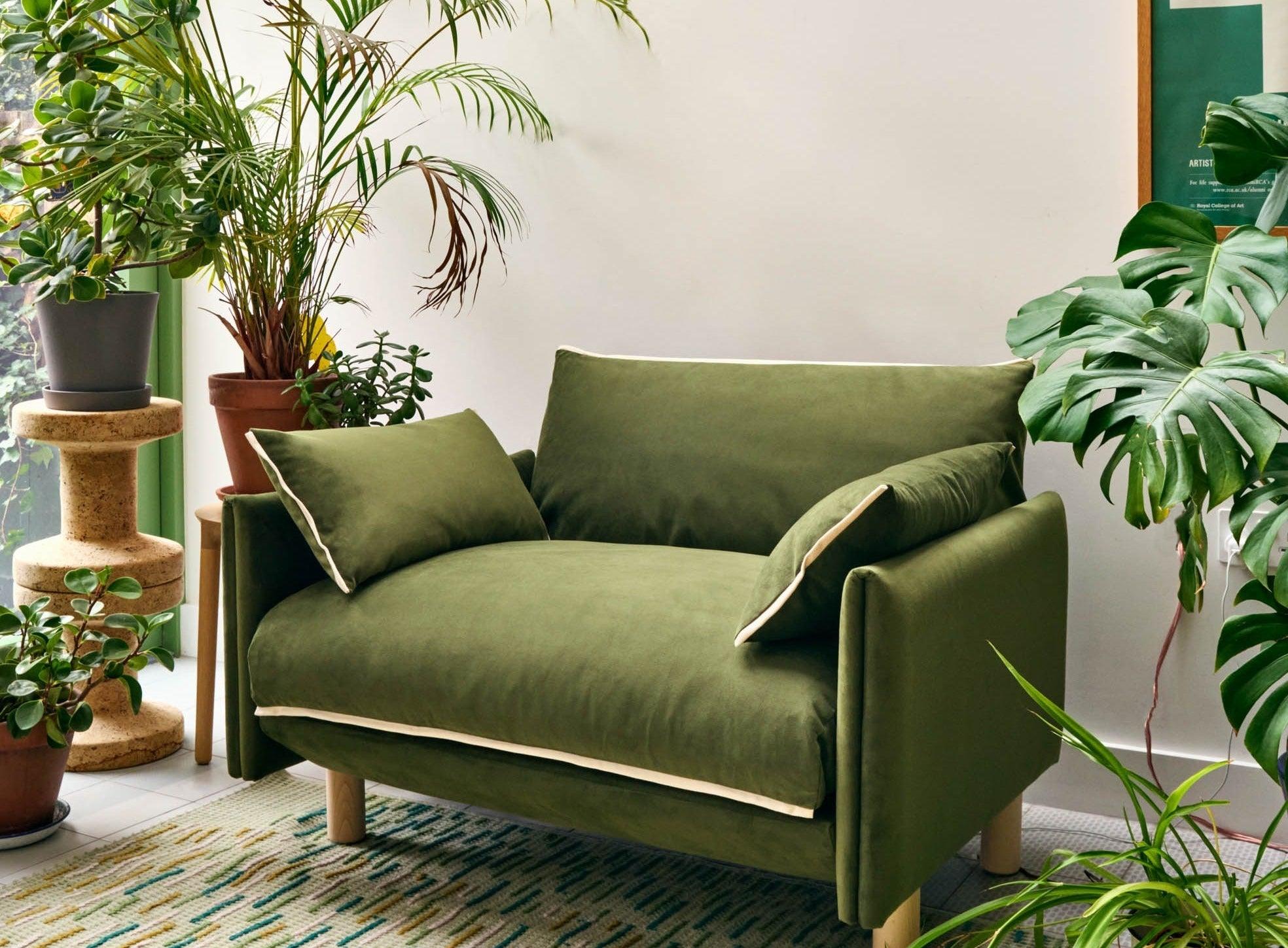 Cozmo Sofas - Cozy 2 Seater Sofa - Dark Green Velvet - Natural Legs - Lifestyle detail