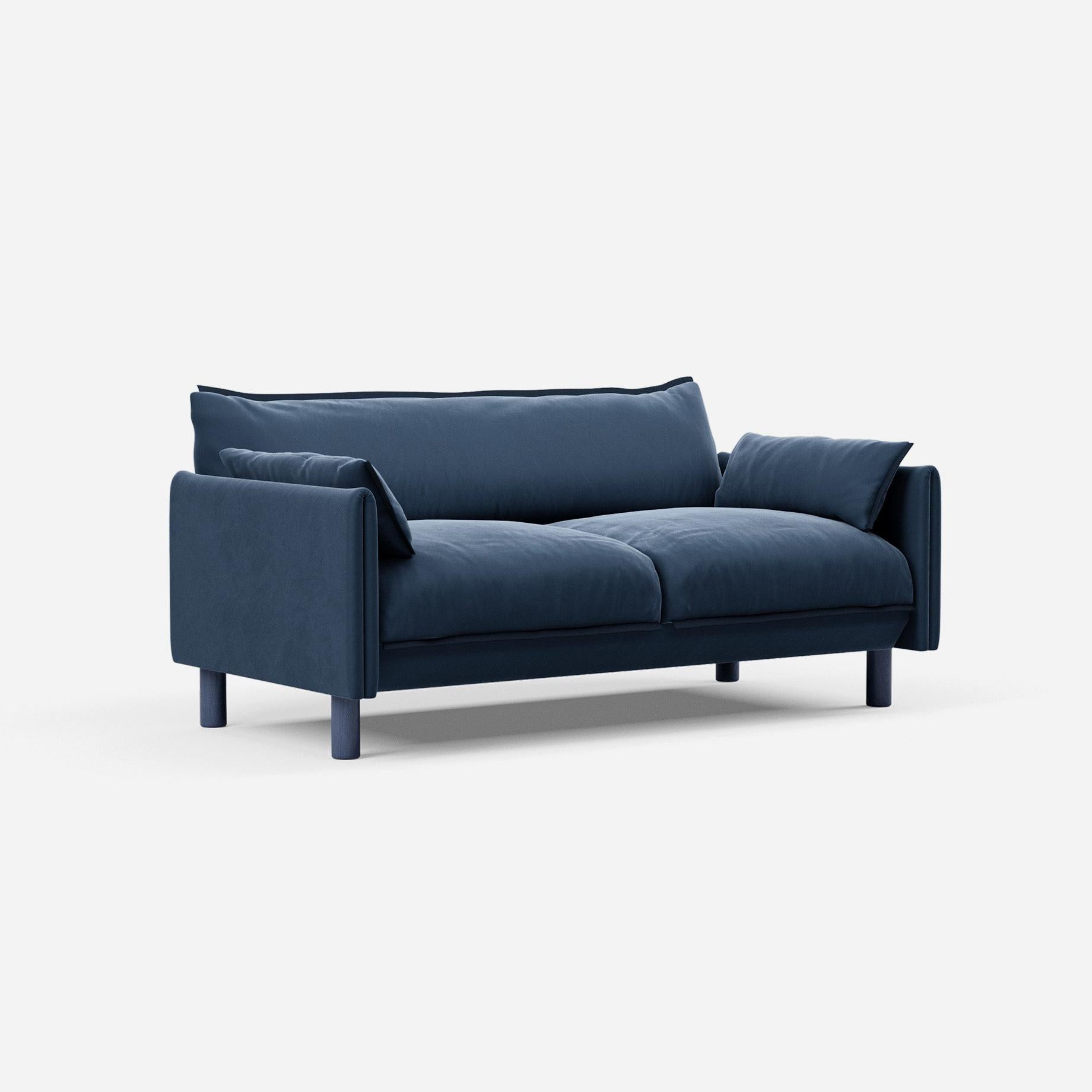 Cozmo Sofas - Cozy 2 Seater Sofa - Midnight Blue Velvet - Blue Legs - Side angle view