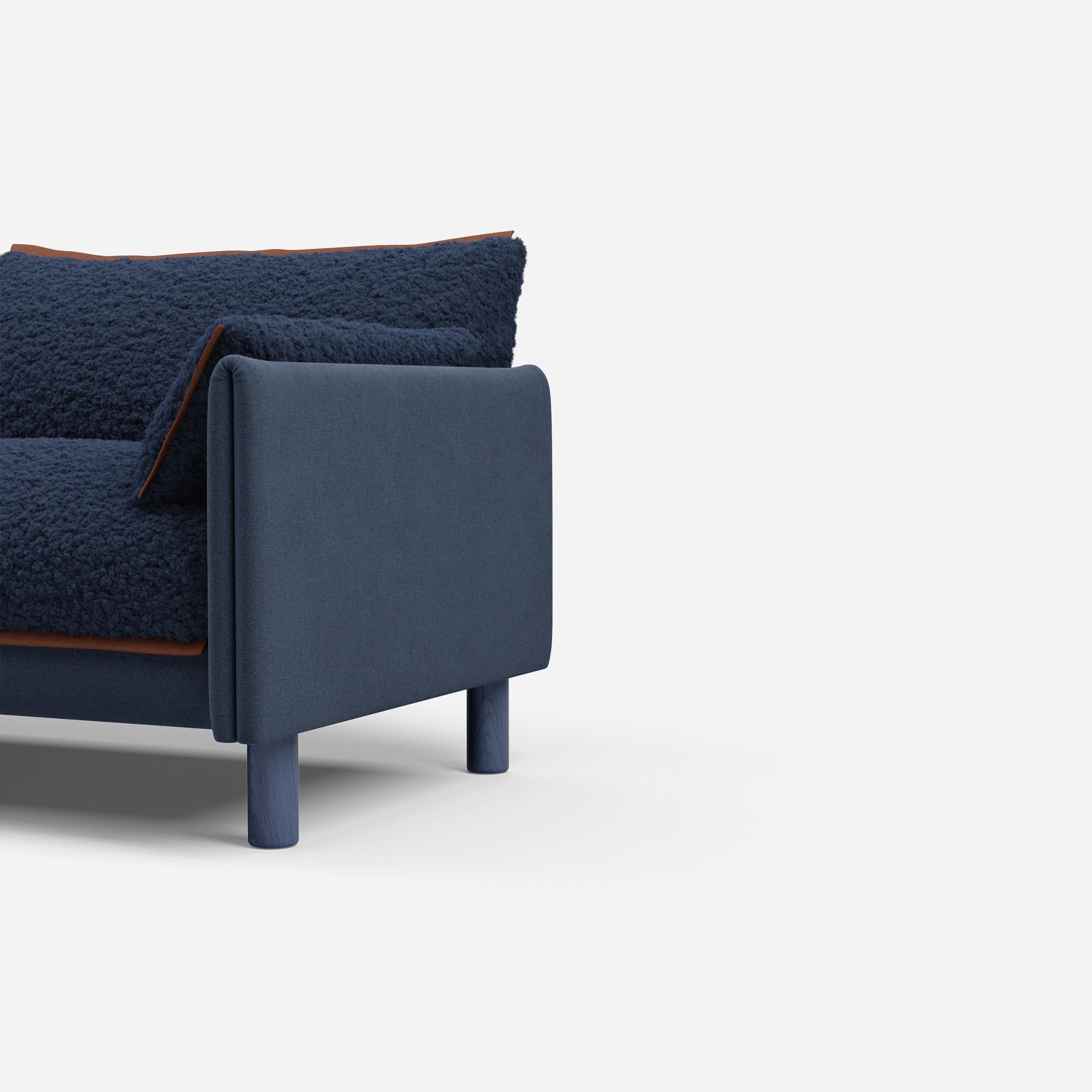 Cozmo Sofas - Cozy 3 Seater Sofa - Navy Cotton - Blue Legs - Side angle view