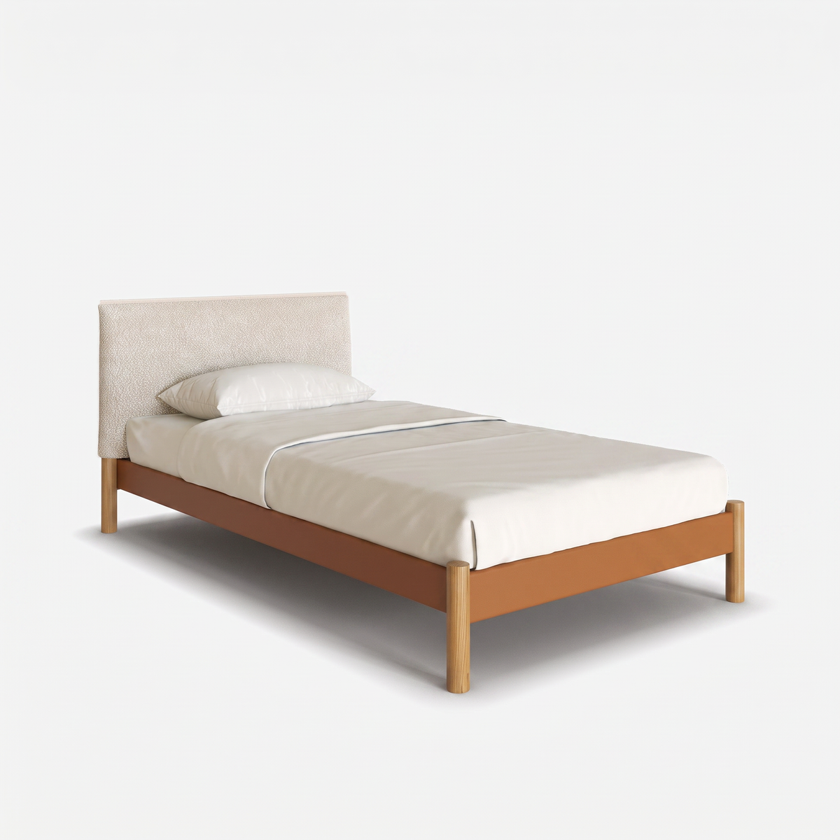 Cozmo Sofas - Cozy Bed - Single - Tan Vegan Leather Frame - Ecru Boucle Headboard - Natural Legs - Front view