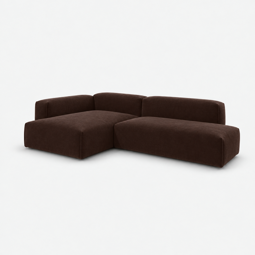 Float 4 Seater Open Chaise Sofa - Dark Brown Velvet, Left Hand - 3/4 view