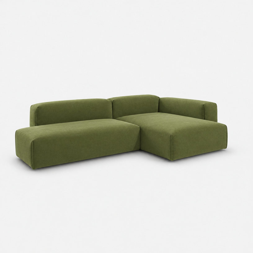 Float 4 Seater Open Chaise Sofa - Dark Green Velvet, Right Hand - 3/4 view
