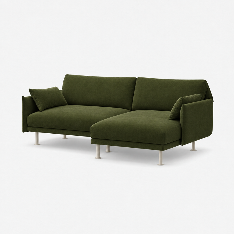Rest 3 Seater Chaise Sofa - Dark Green Velvet, Off White Legs, Right Hand - 3/4 view