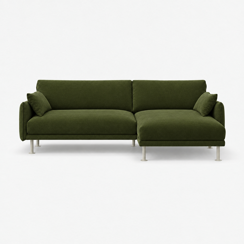 Rest 3 Seater Chaise Sofa - Dark Green Velvet, Off White Legs, Right Hand - front