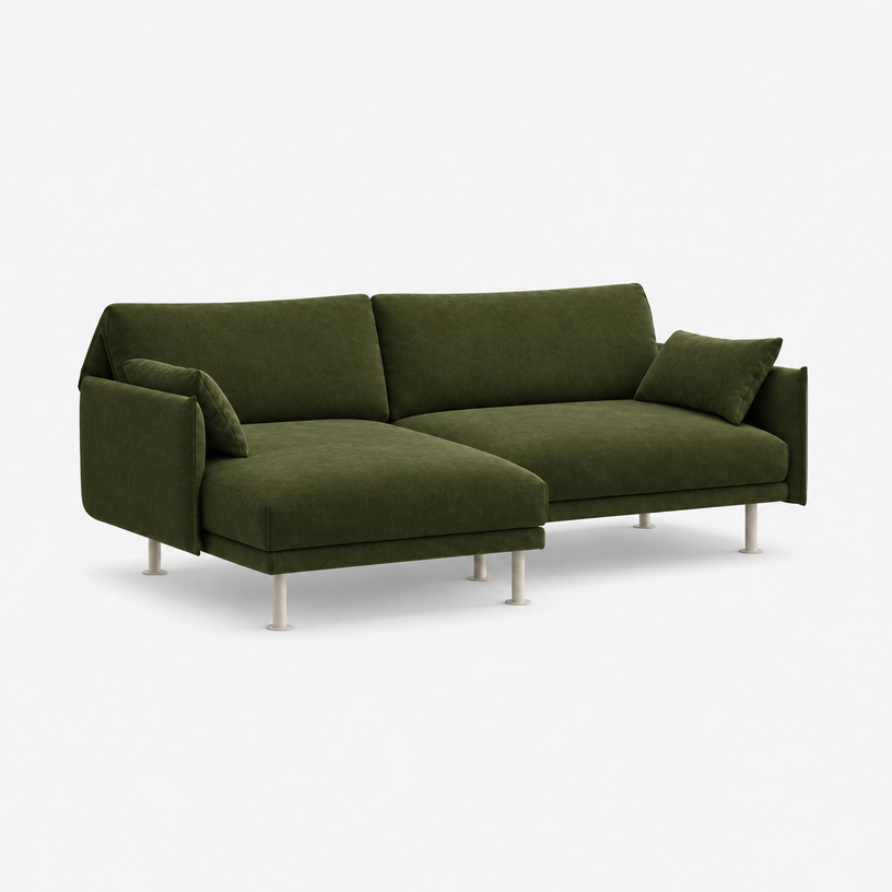 Rest 3 Seater Chaise Sofa - Dark Green Velvet, Off White Legs, Left Hand - 3/4 view