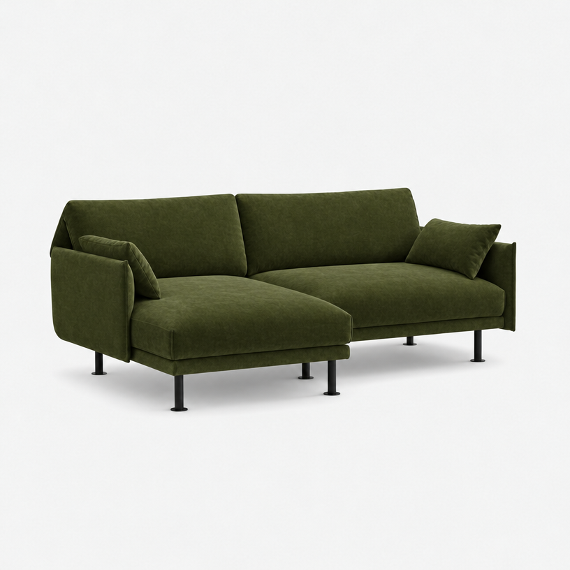 Rest 3 Seater Chaise Sofa - Dark Green Velvet, Black Legs, Left Hand - 3/4 view