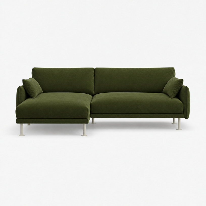 Rest 3 Seater Chaise Sofa - Dark Green Velvet, Off White Legs, Left Hand - front