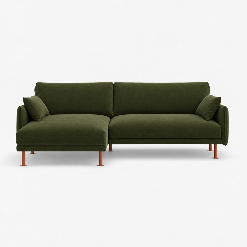 Rest 3 Seater Chaise Sofa - Dark Green Velvet, Brick Legs, Left Hand - front