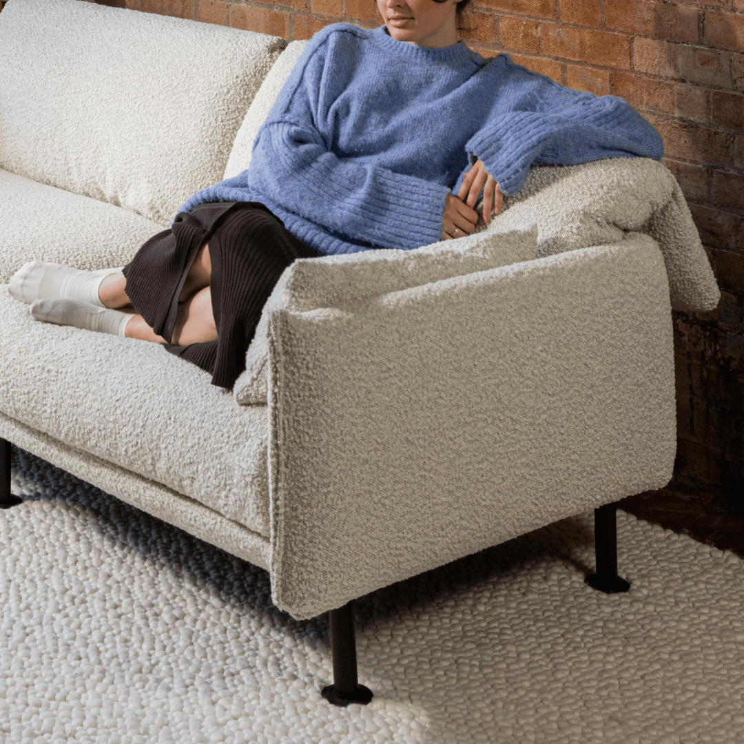 Cozmo Sofas - Rest 3 Seater RH Chaise Sofa - Ecru Boucle - Black Legs - Rear view