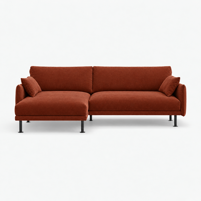 Rest 3 Seater Chaise Sofa - Rust Velvet, Black Legs, Left Hand - front