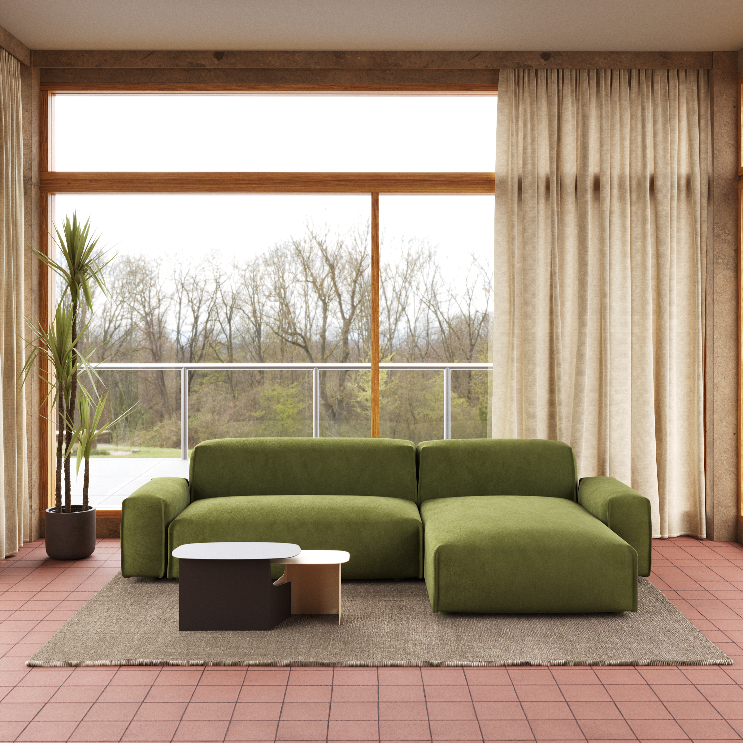 Cozmo Sofas - Float 4 Seater RH Chaise Sofa - Salt & Pepper Textured Weave - Black Legs - Rear view