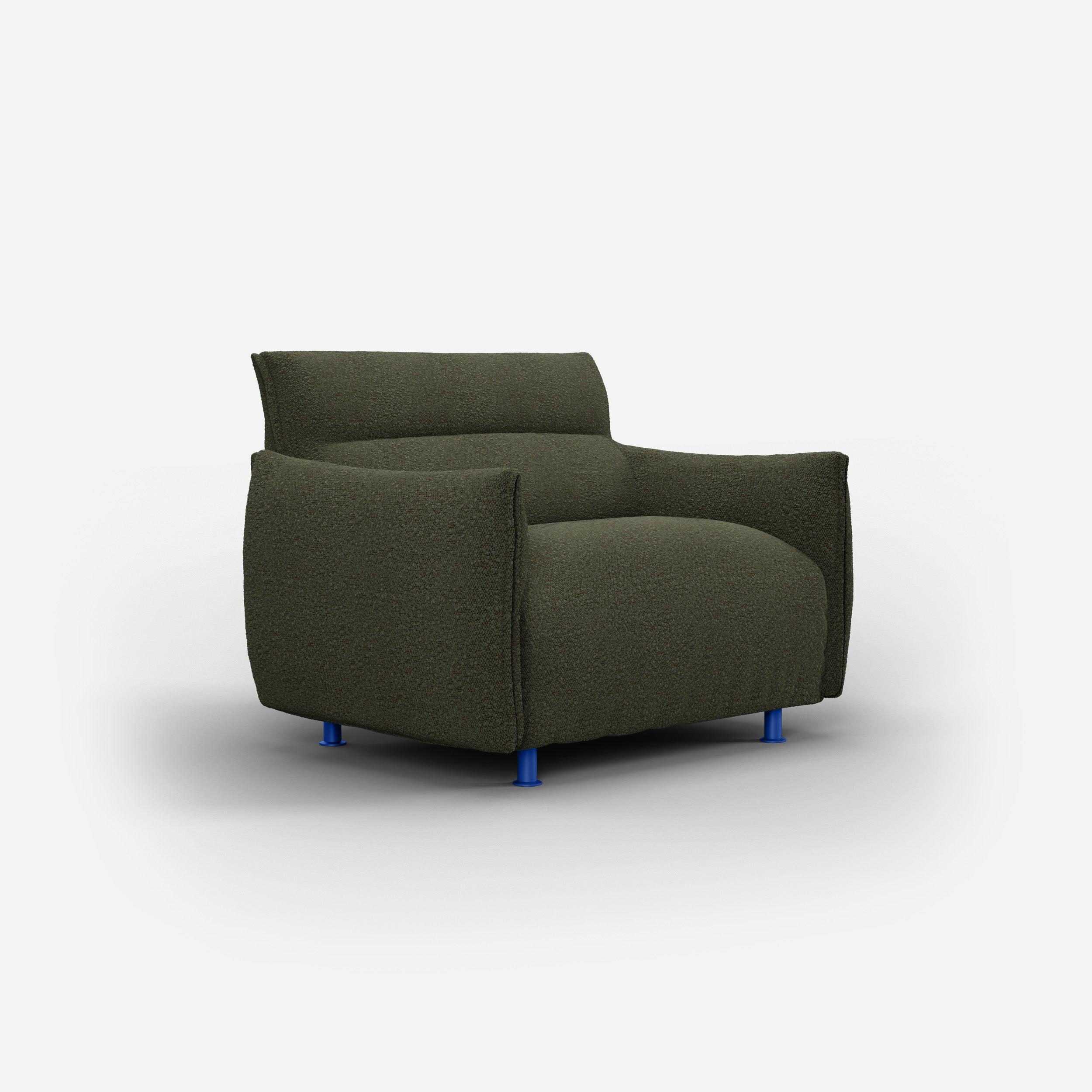 Cozmo Sofas - Hug Armchair (regular) - Green Boucle II - Cobalt Blue Legs - Side angle view