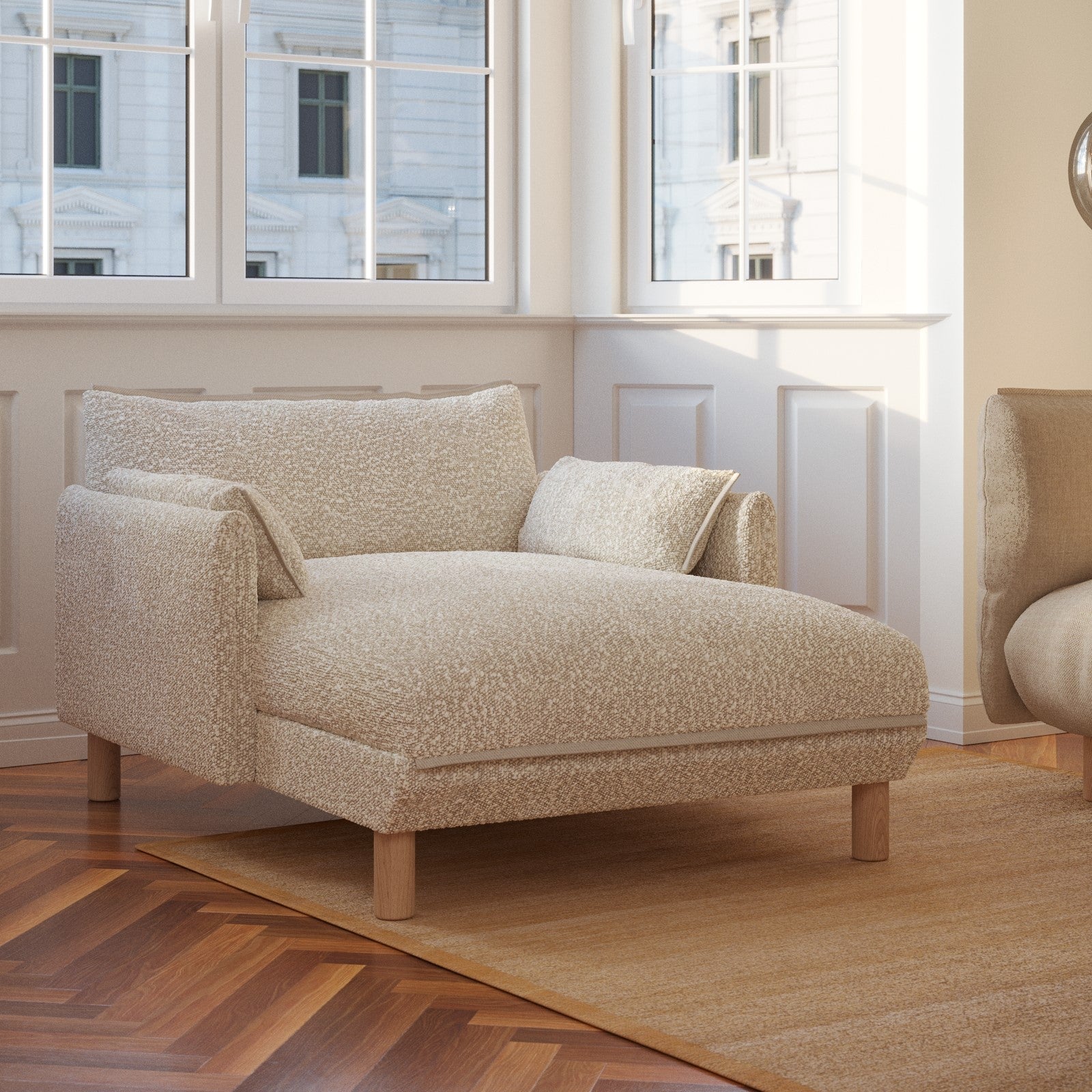 Cozmo Sofas - Cozy 1.5 Seater Chaise Sofa - Ecru Boucle - Natural Legs - Detail view