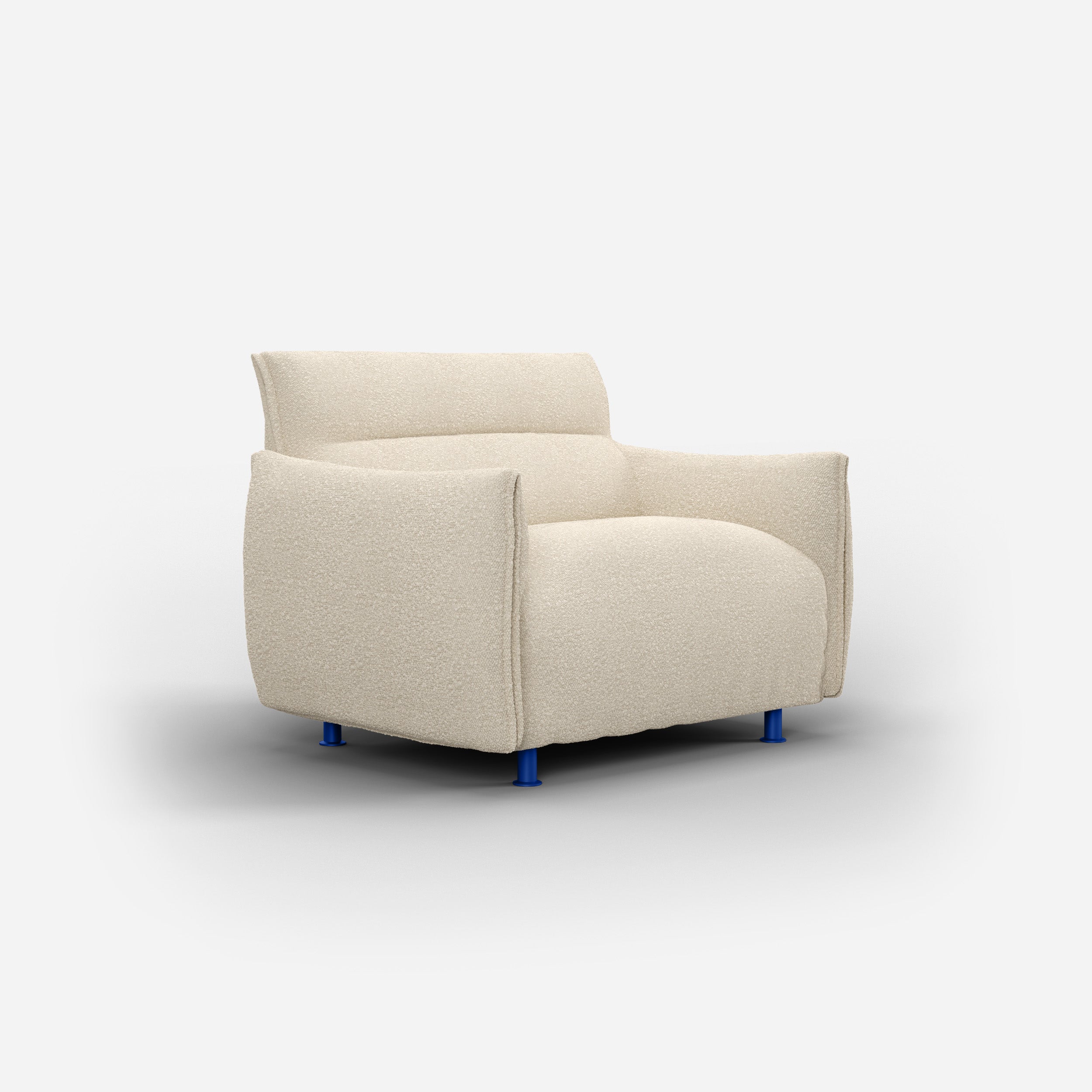 Cozmo Sofas - Hug Armchair (regular) - Ecru Boucle - Cobalt Blue Legs - Side angle view