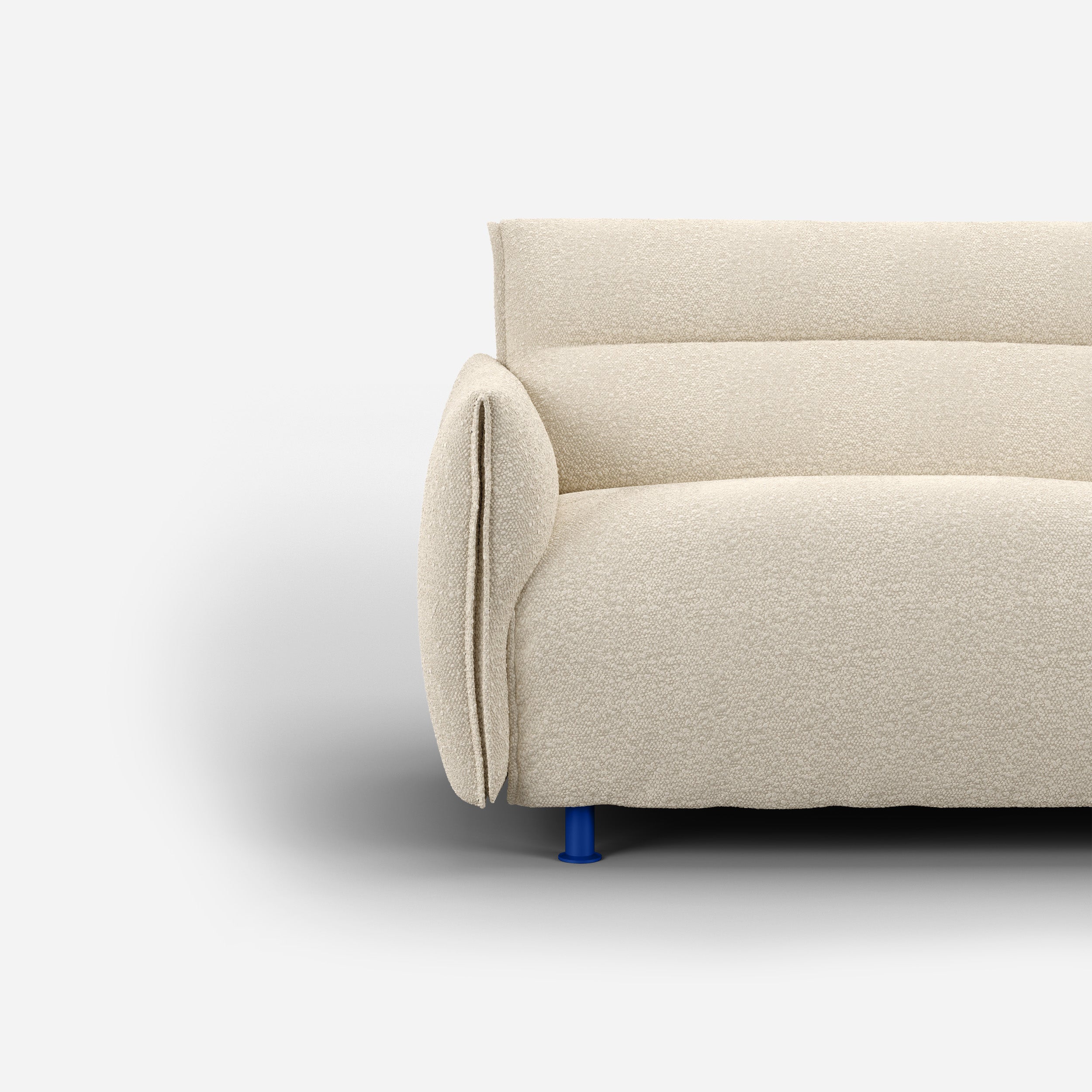 Cozmo Sofas - Hug 1.5 Seater Sofa (wide) - Ecru Boucle - Cobalt Blue Legs - Detail view