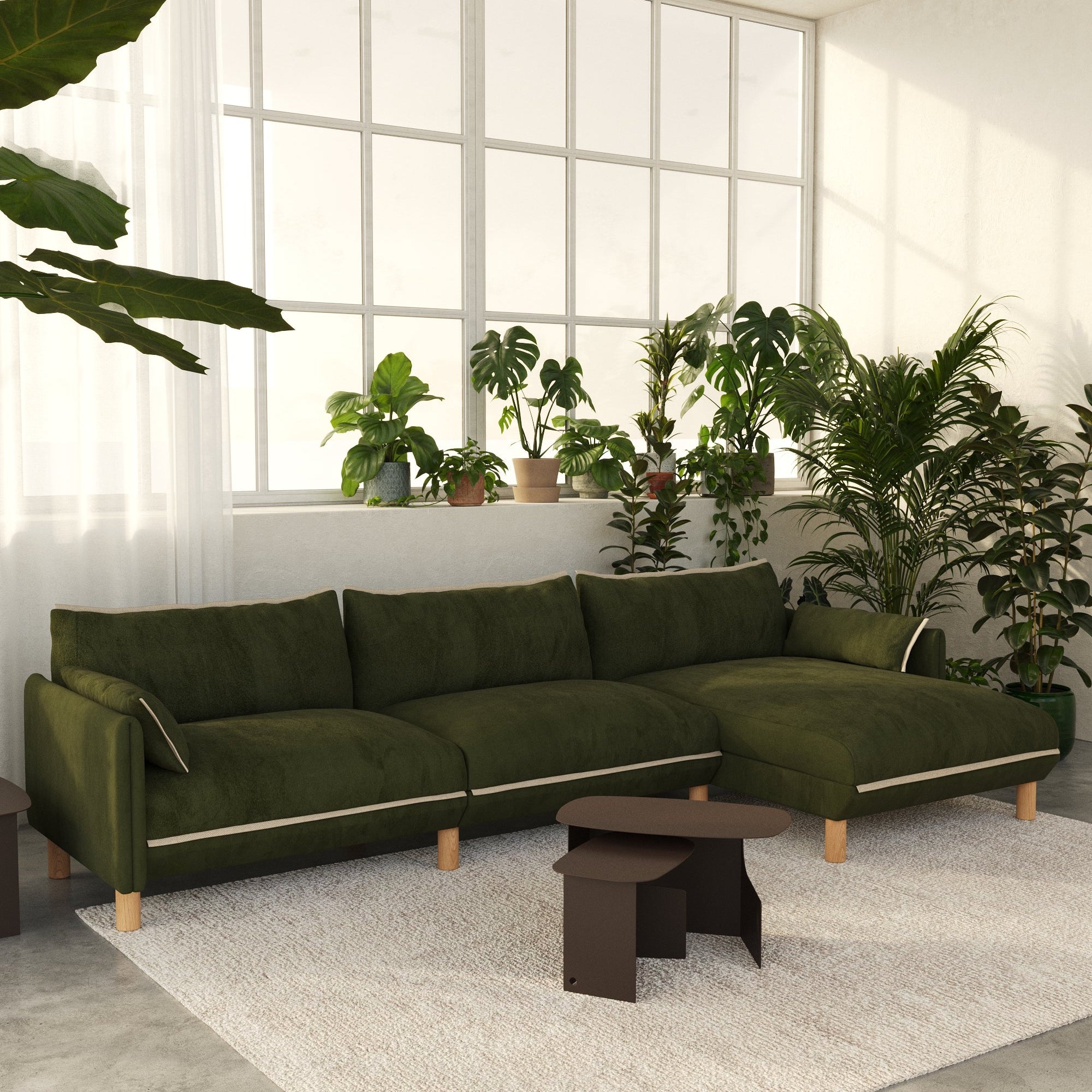 Cozy 5 Seater RH Chaise Sofa | Dark Green Velvet