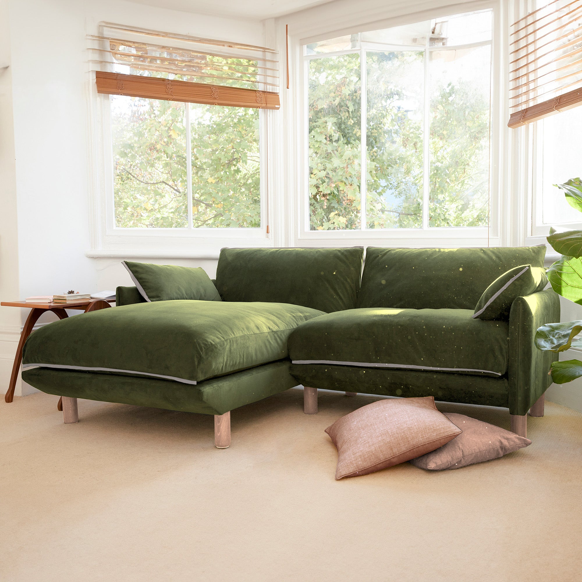 Cozy 3 Seater RH Chaise Sofa | Dark Green Velvet