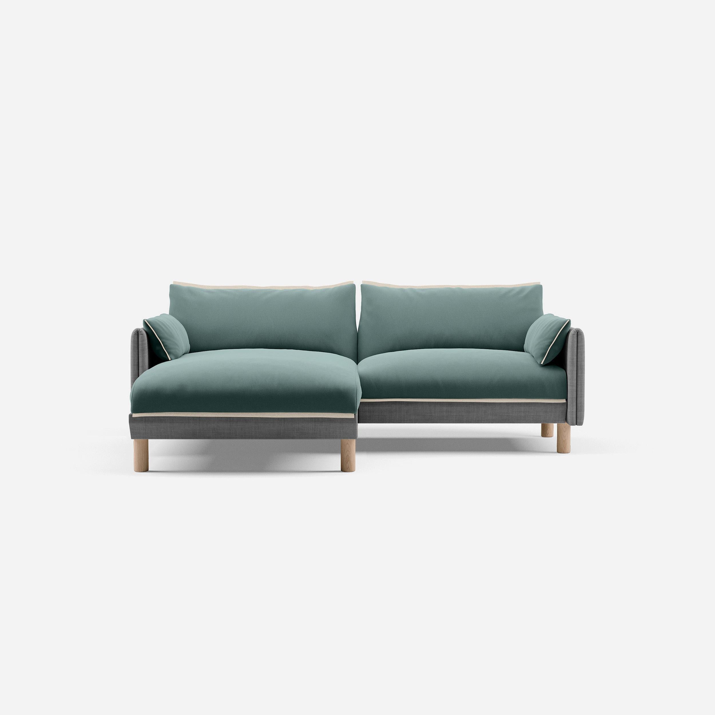 3 Seater Chaise Corner Left Hand Sofa | Weave Light Grey - Cozmo @ Sage Cotton Jacket | Natural Trim
