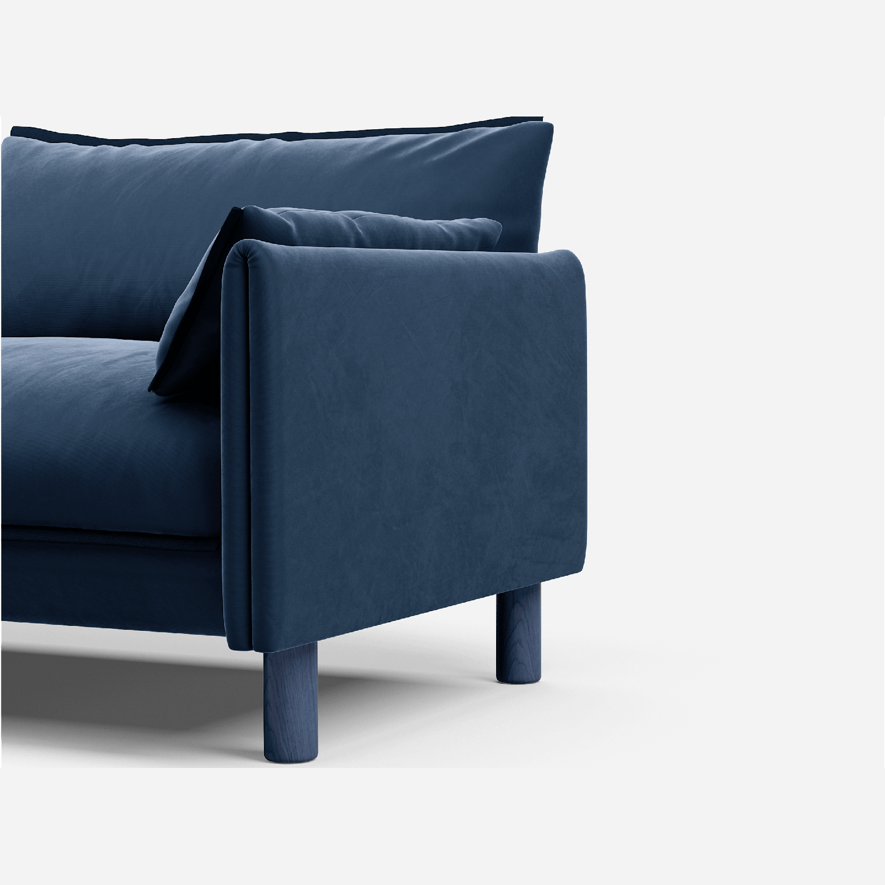 3 seater cozmo sofa velvet midnight blue with velvet midnight blue jacket front 1/3 angled view @ Midnight Blue Velvet Jacket | Dark Blue Trim