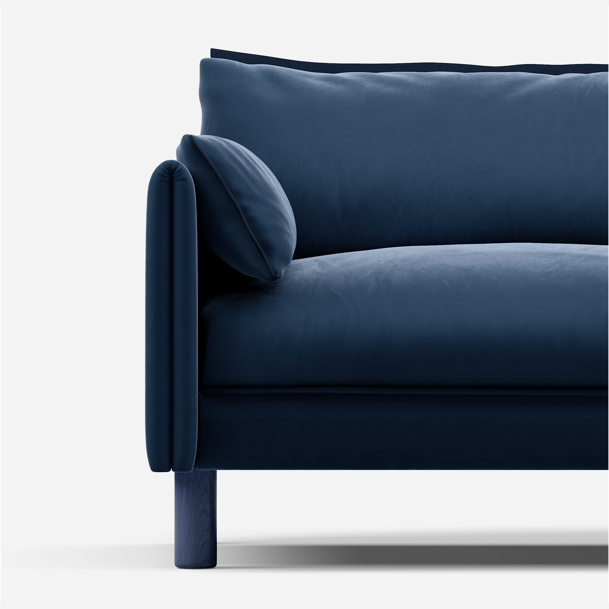 3 seater cozmo sofa velvet midnight blue with velvet midnight blue jacket front 1/3 view @ Midnight Blue Velvet Jacket | Dark Blue Trim
