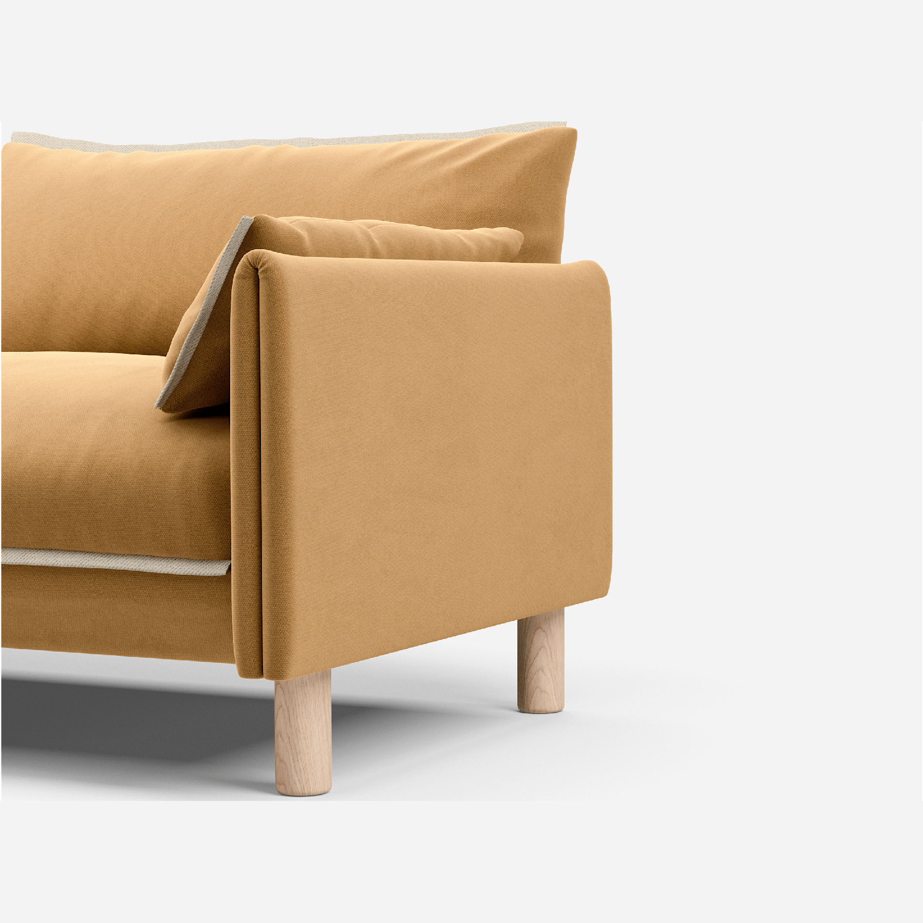 3 seater cozmo sofa cotton Ochre with cotton Ochre jacket front 1/3 angled view @ Ochre Cotton Jacket | Natural Trim