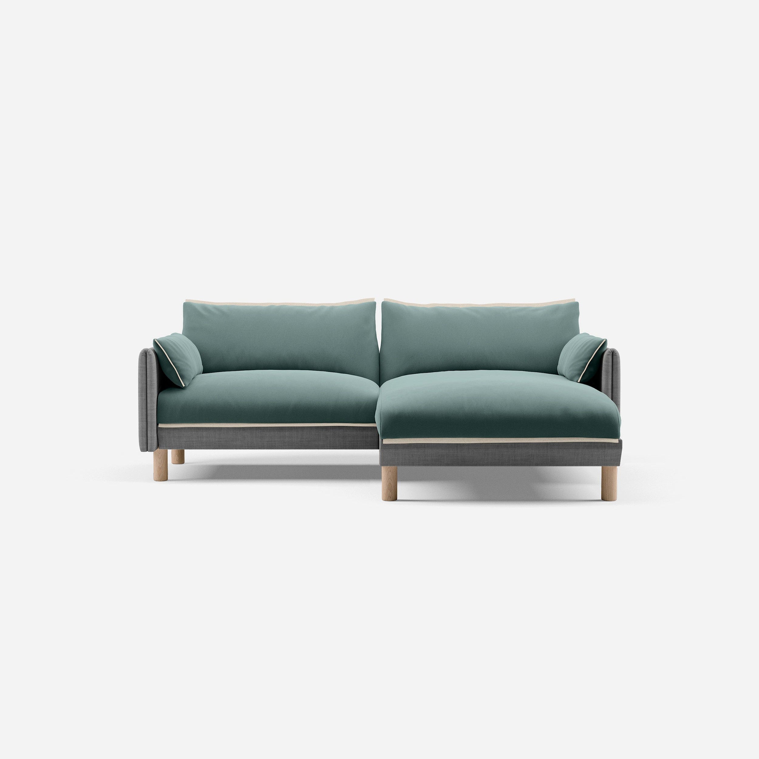 3 Seater Chaise Corner Right Hand Sofa | Weave Light Grey - Cozmo @ Sage Cotton Jacket | Natural Trim