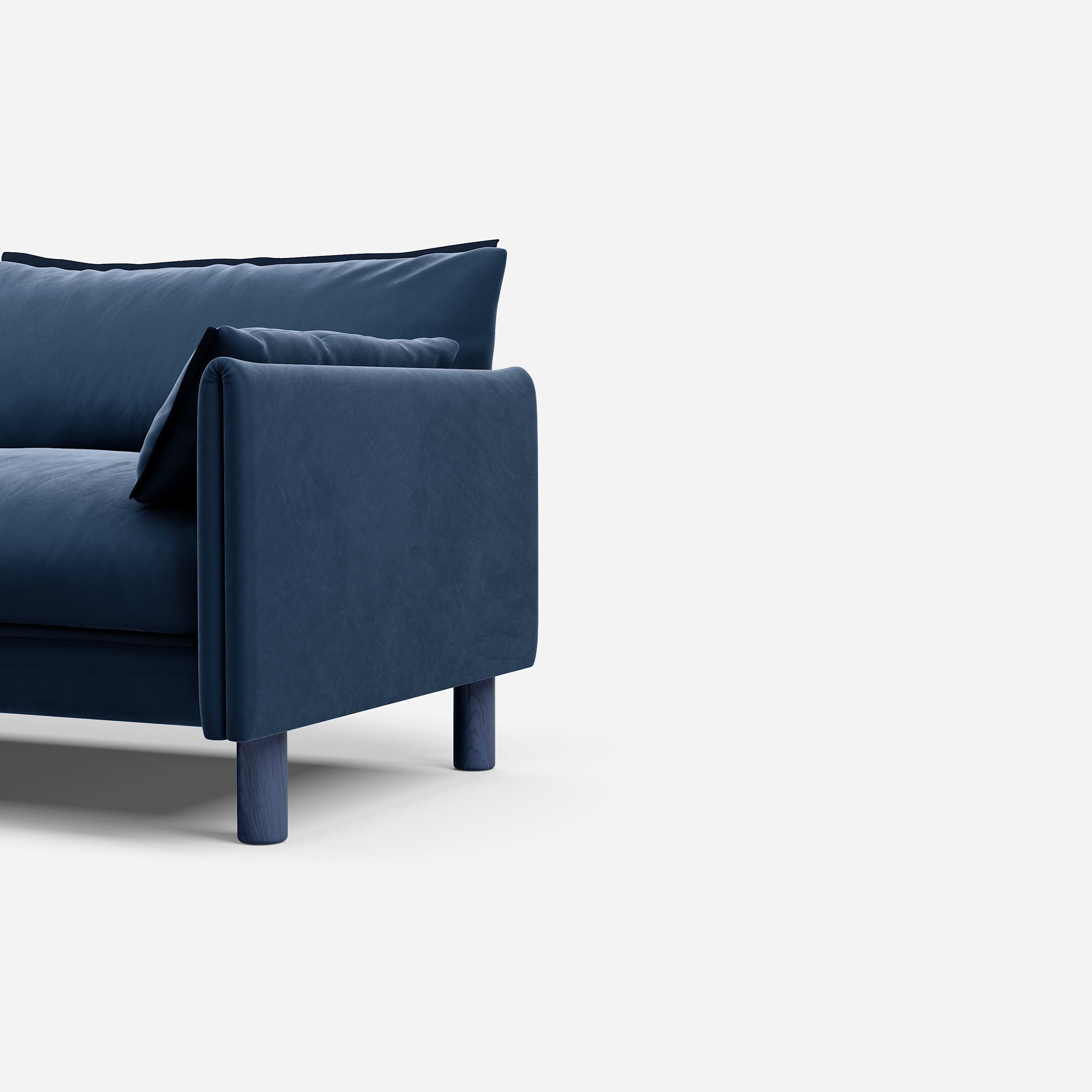 Cozmo Sofas - Cozy 3 Seater Sofa - Midnight Blue Velvet - Blue Legs - Side angle view