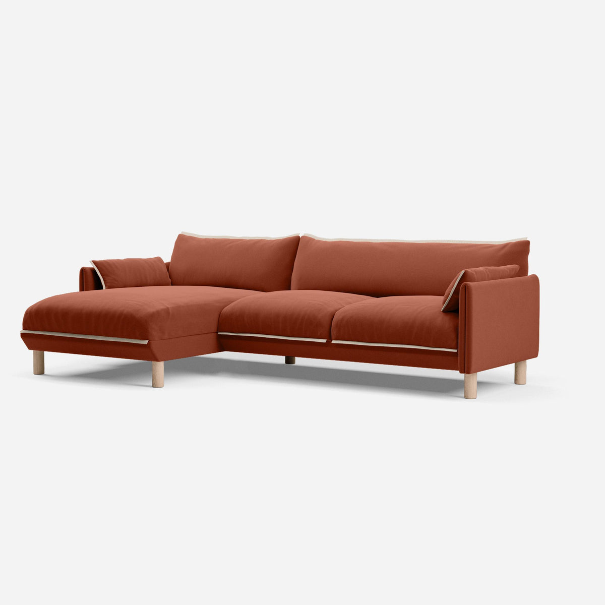 Cozy 4 Seater LH Chaise Sofa | Rust Velvet| Natural Legs | Cozmo
