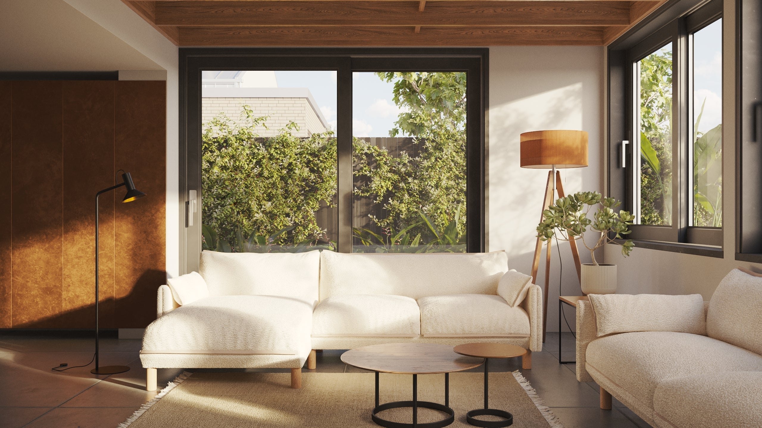 Cozmo Sofas - Cozy 4 Seater RH Chaise Sofa - Ecru Boucle - Natural Legs - Lifestyle view