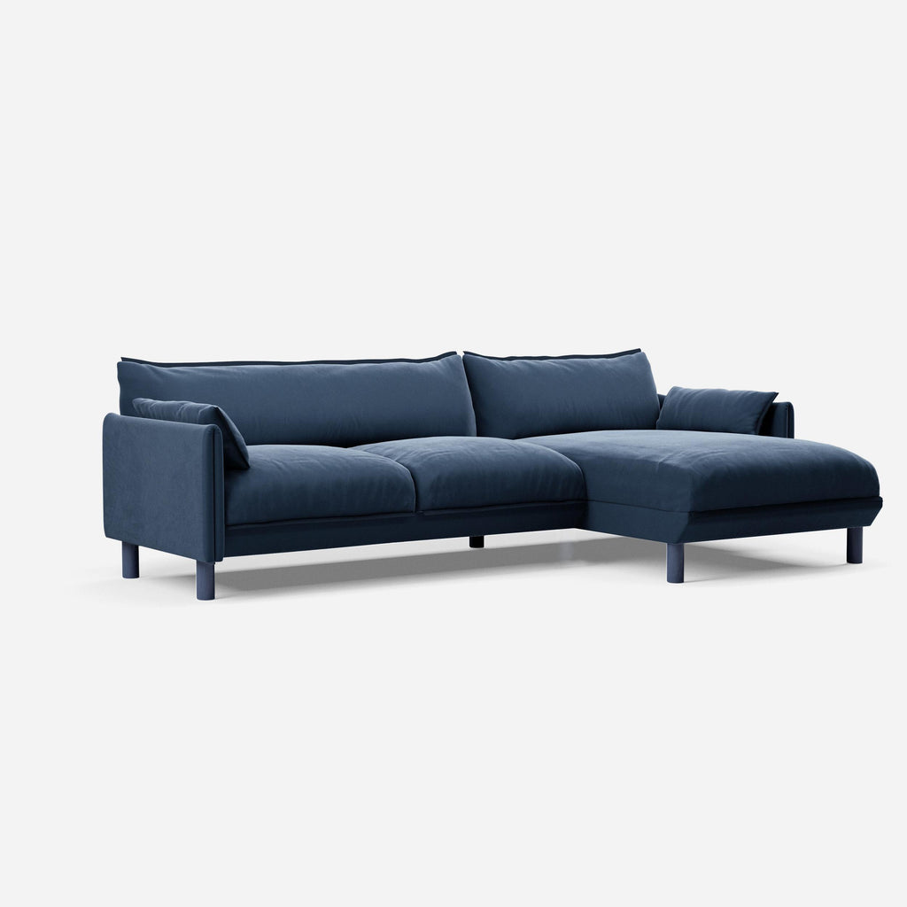 Cozy 4 Seater RH Chaise Sofa Midnight Blue Velvet Dark Blue Trim