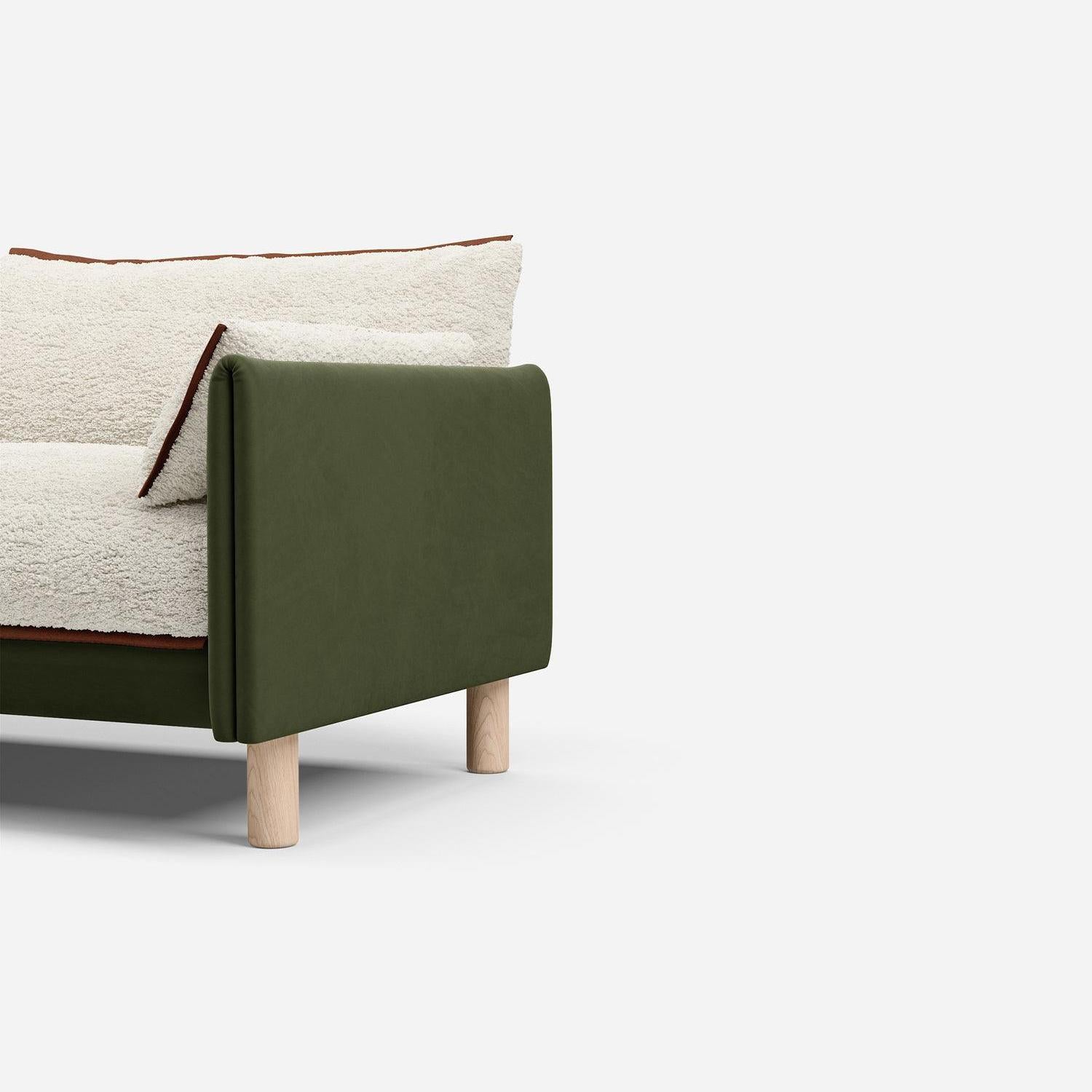 5 Seater Chaise Corner Right Hand Sofa | Velvet Dark Green - Cozmo @ Cream Fleece Jacket | Brick Trim