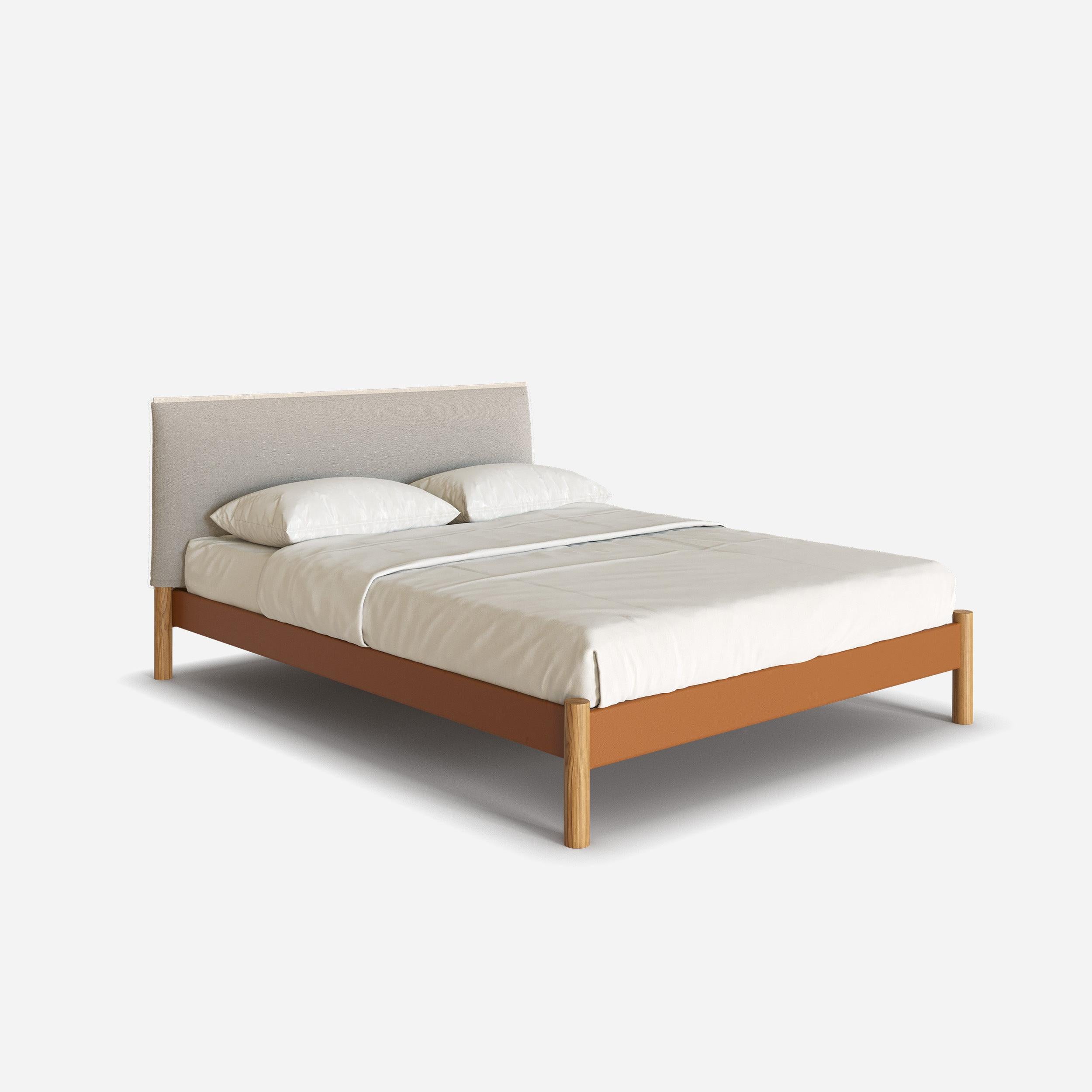 @ Tan Vegan Leather Frame | Natural Linen Weave Headboard