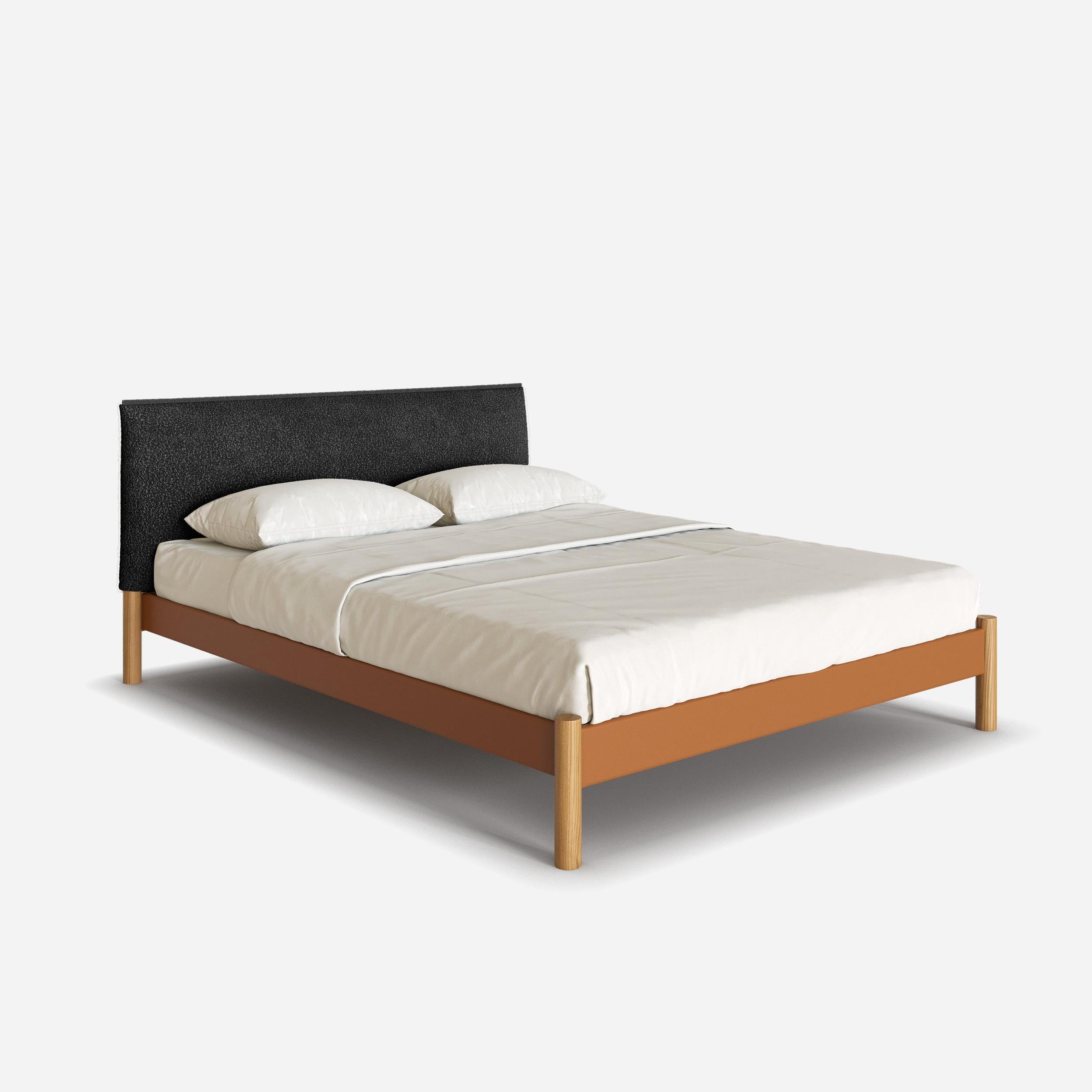 @ Tan Vegan Leather Frame | Black Boucle Headboard