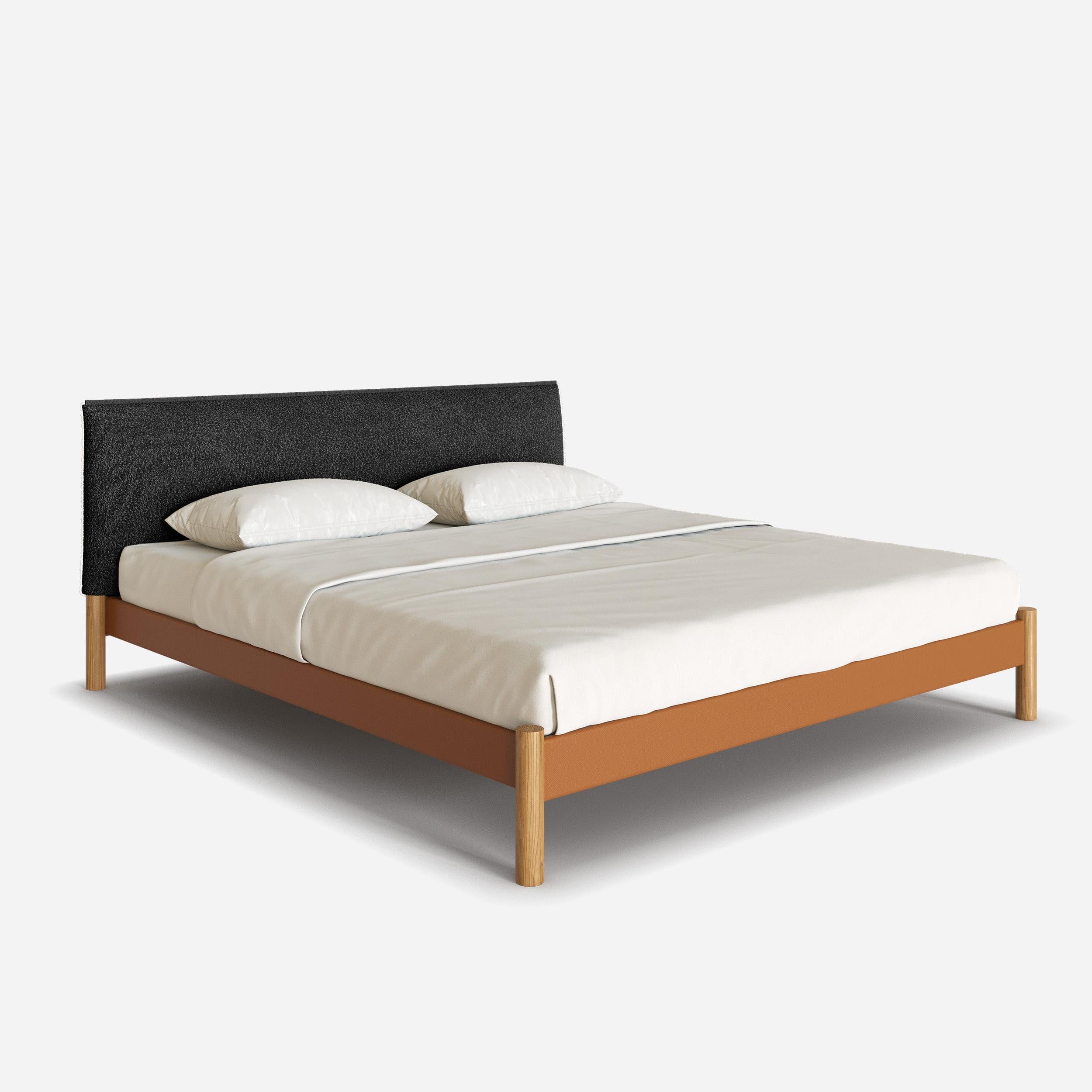 @ Tan Vegan Leather Frame | Black Boucle Headboard
