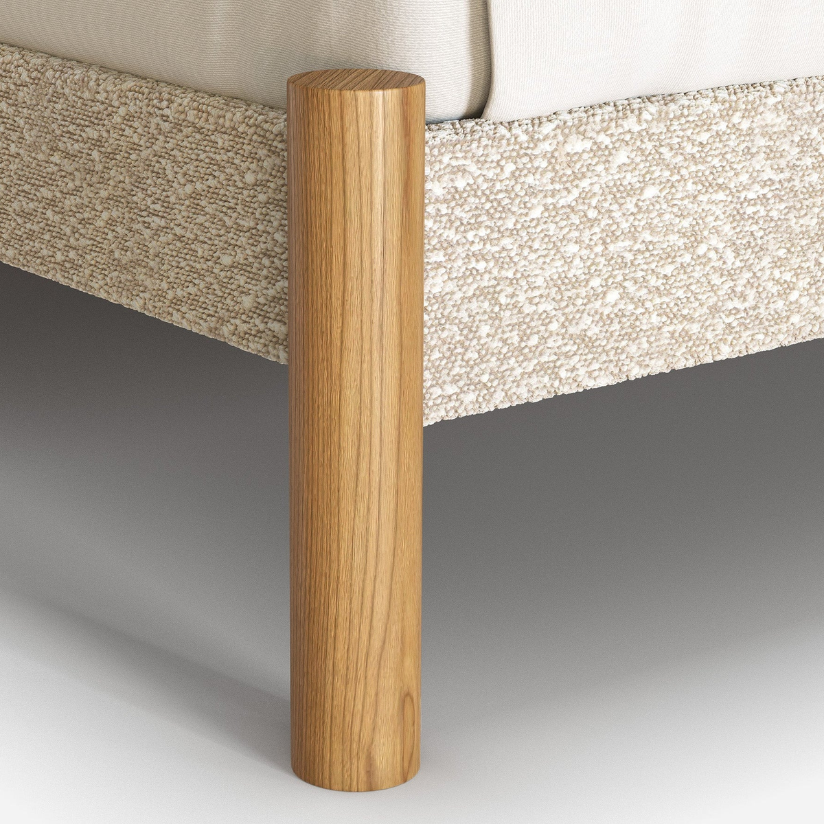 Cozmo Sofas - Cozy Bed - Single - Ecru Boucle Frame - Ecru Boucle Headboard - Natural Legs - Side angle view