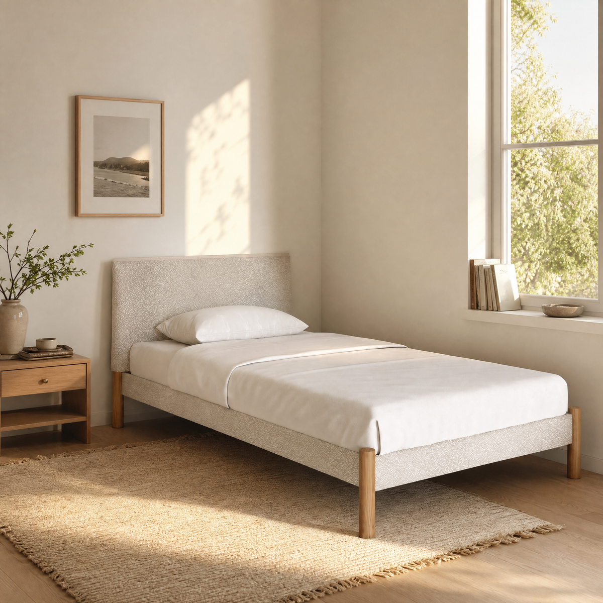 Cozmo Sofas - Cozy Bed - Single - Ecru Boucle Frame - Ecru Boucle Headboard - Natural Legs - Lifestyle view