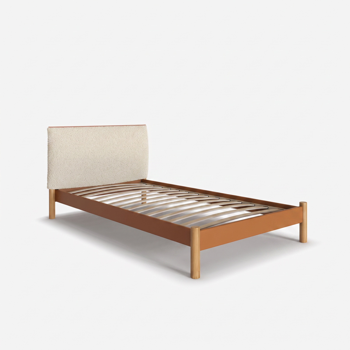 Cozmo Sofas - Cozy Bed - Single - Tan Vegan Leather Frame - Cream Fleece Headboard - Natural Legs - Rear view