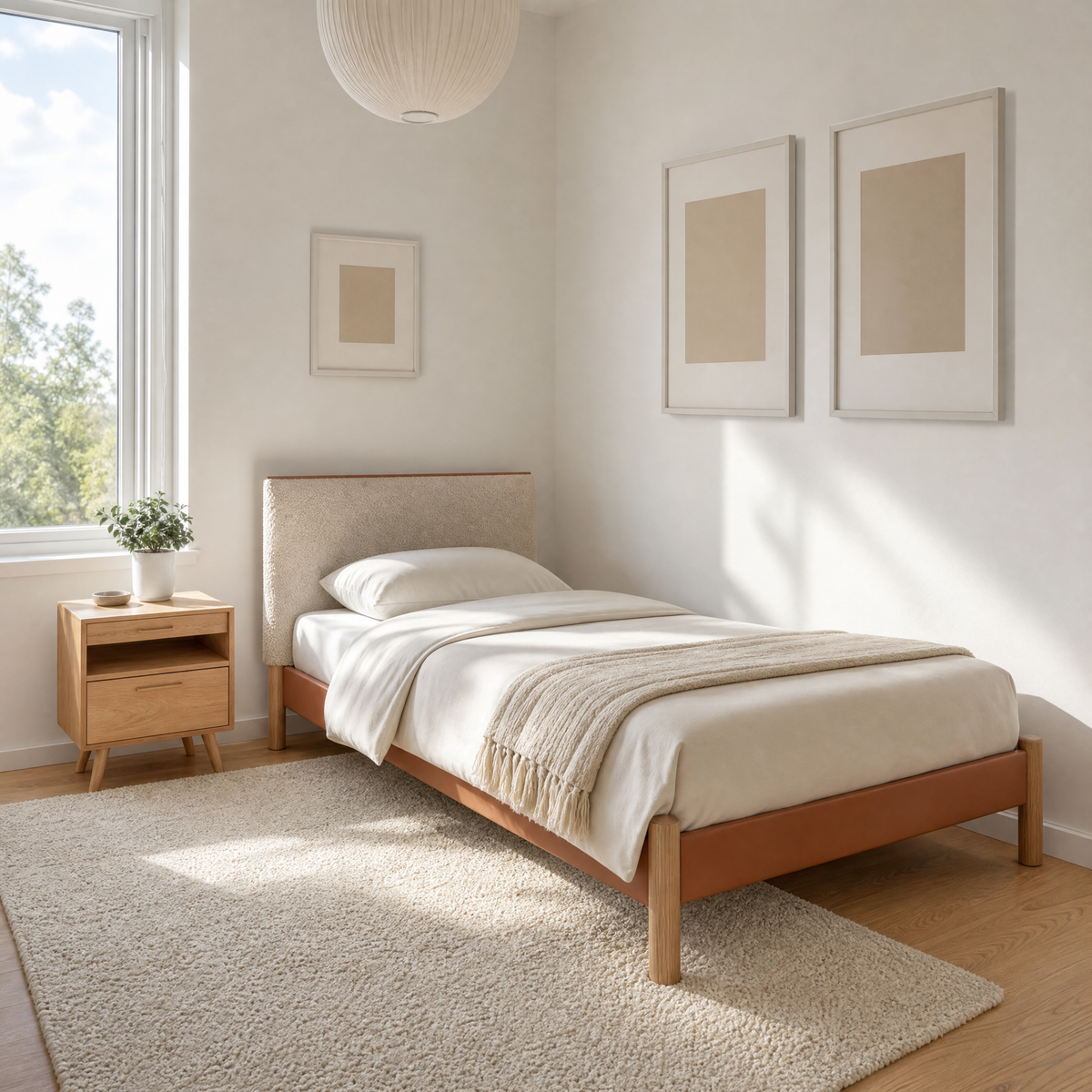 Cozmo Sofas - Cozy Bed - Single - Tan Vegan Leather Frame - Cream Fleece Headboard - Natural Legs - Lifestyle view