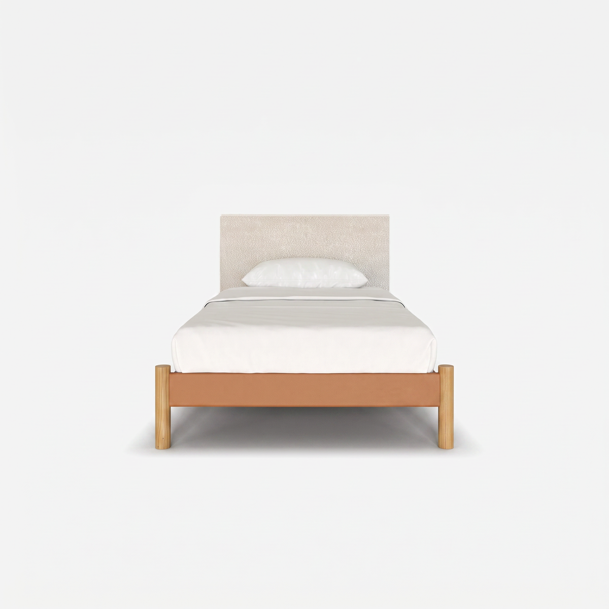 Cozmo Sofas - Cozy Bed - Single - Tan Vegan Leather Frame - Ecru Boucle Headboard - Natural Legs - Rear angle view